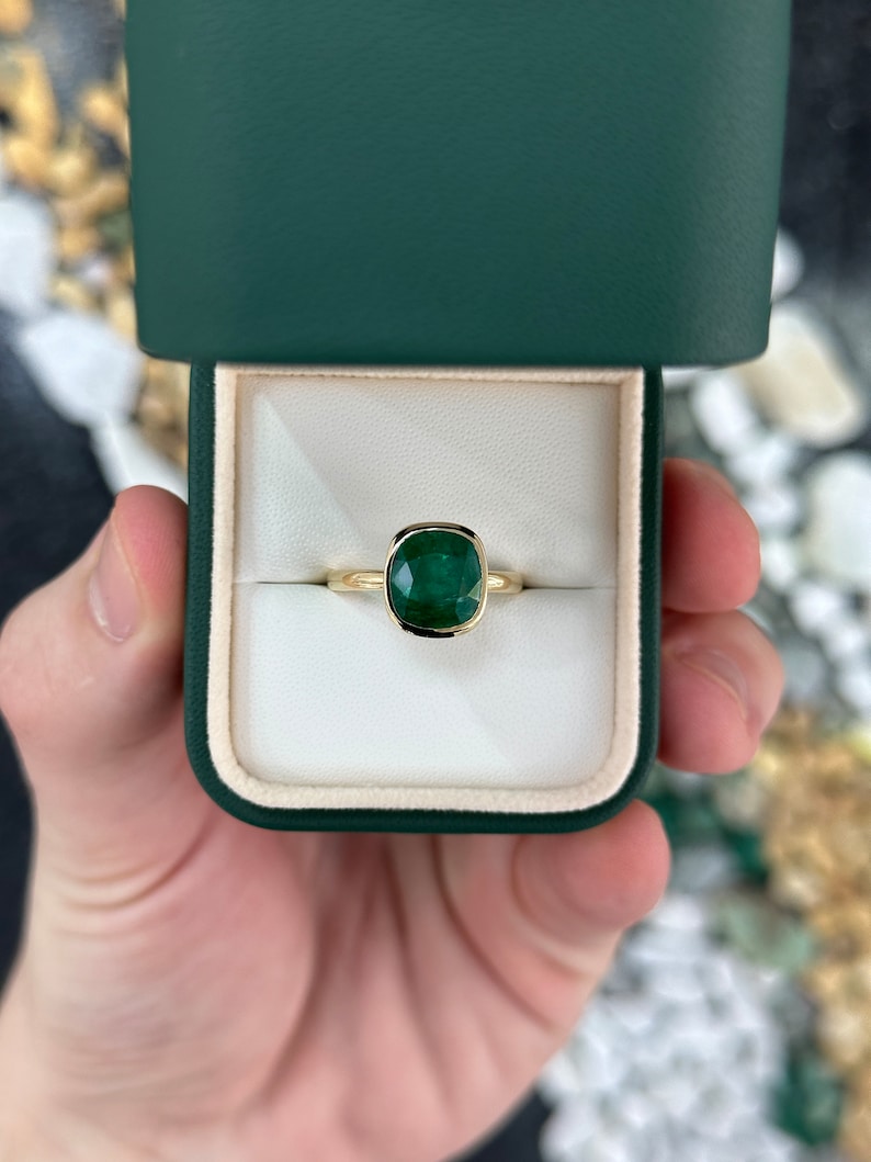 4.05ct AAA Natural Forest Green Cushion Cut Emerald 14K Gold Solitaire Engagement Ring with 8-Window Bezel Setting - Perfect for Proposals, Weddings & Anniversary Gifts