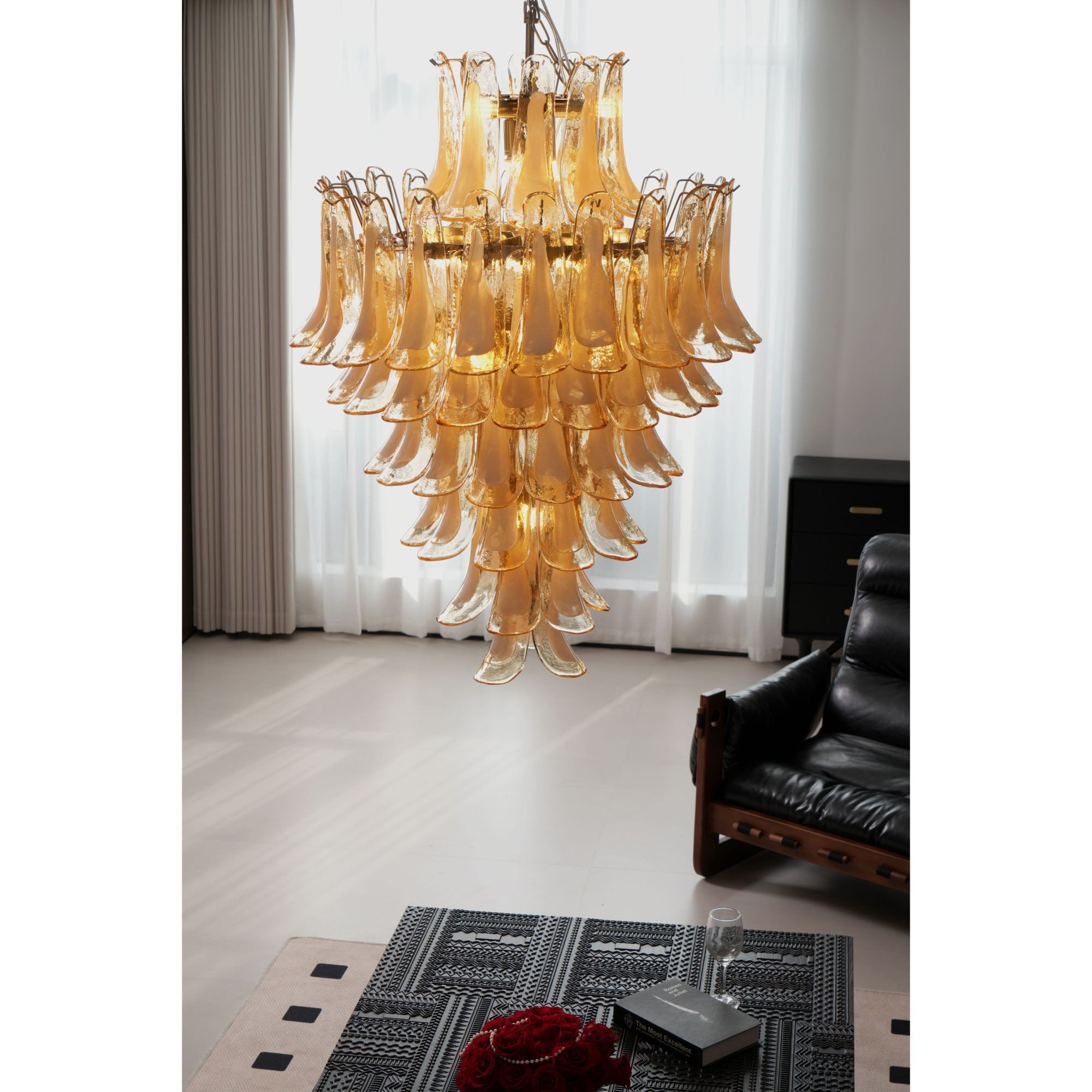 Elegant Amber Cloud Murano Glass Petals Chandelier - Handcrafted Italian Glass Lighting Fixture for Dining Room, Living Room & Bedroom Decor