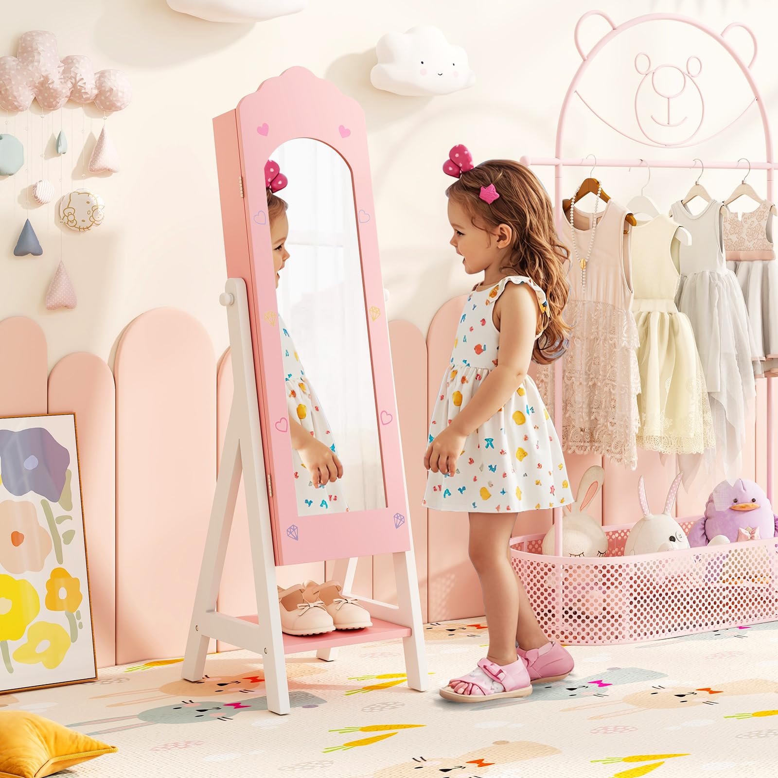 Costzon Kids Vanity & Jewelry Armoire Cabinet with Full-Length Mirror - Pink Makeup Vanity Table & Chair Set for Girls, Standing Jewelry Organizer - Perfect for Bedroom Decor, Birthday Gifts & Pretend Play