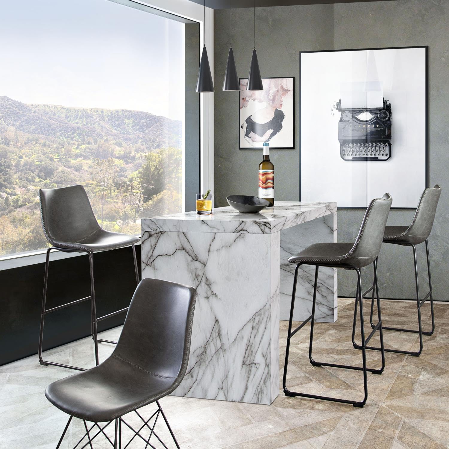Premium Weathered Gray Diamond Bar Stools Set of 2 - Rustic Industrial Counter Height Stools for Kitchen Island, Bar & Dining Room - Heavy Duty Metal Frame & Comfortable Upholstered Seat