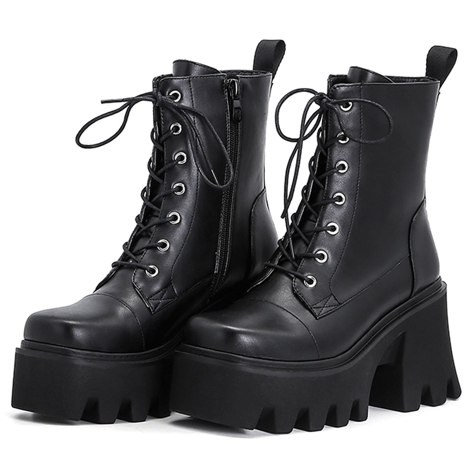 SaraIris Women's Chunky Heel Platform Ankle Boots - Gothic Lace-Up Combat Boots with Metal Rings & Zipper - Punk Cosplay Dress Boots for Halloween, Night Out & Alternative Fashion