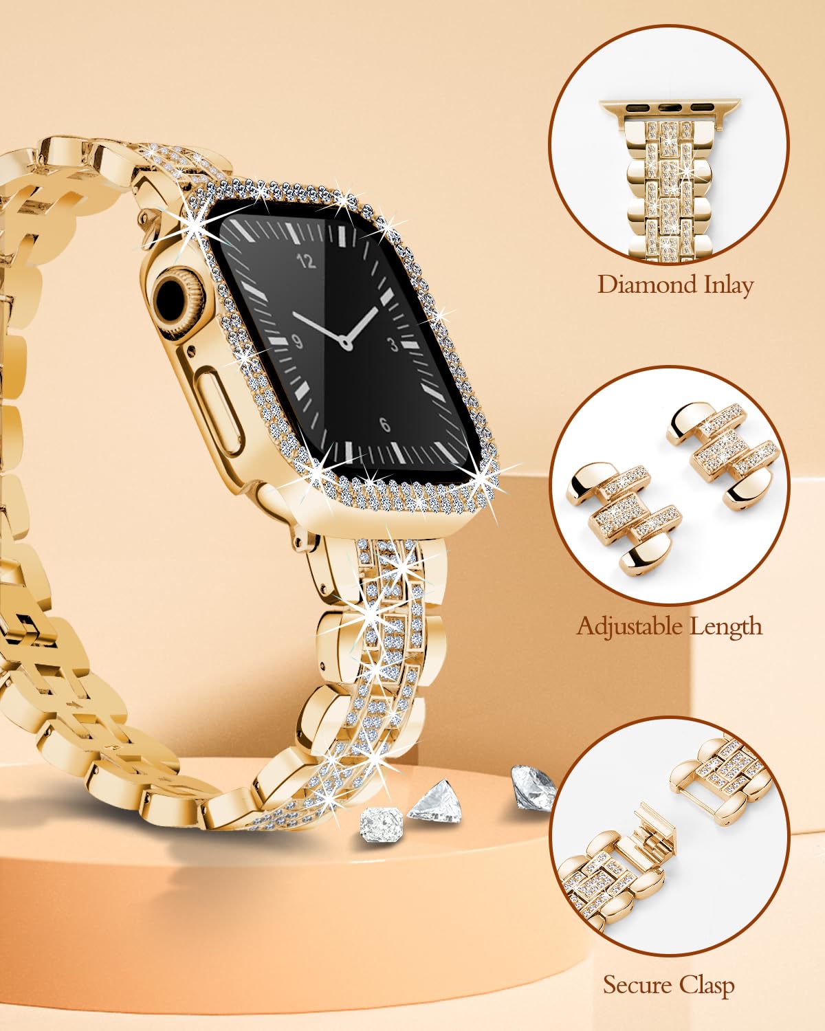 Sparkling Diamond Apple Watch Band 45mm for Women - Luxury Metal Bracelet with Crystal Protector Case, Compatible with iWatch Series 9/8/7 - Perfect for Parties, Weddings & Special Occasions