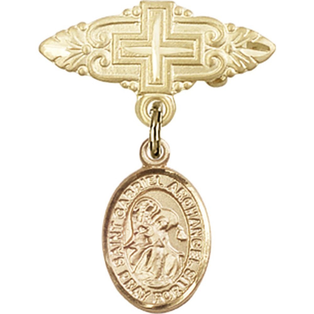 St. Gabriel The Archangel Gold Filled Baby Badge Pin with Cross Charm - 1 X 3/4 Inches - Perfect for Christening, Baptism & First Communion Gifts