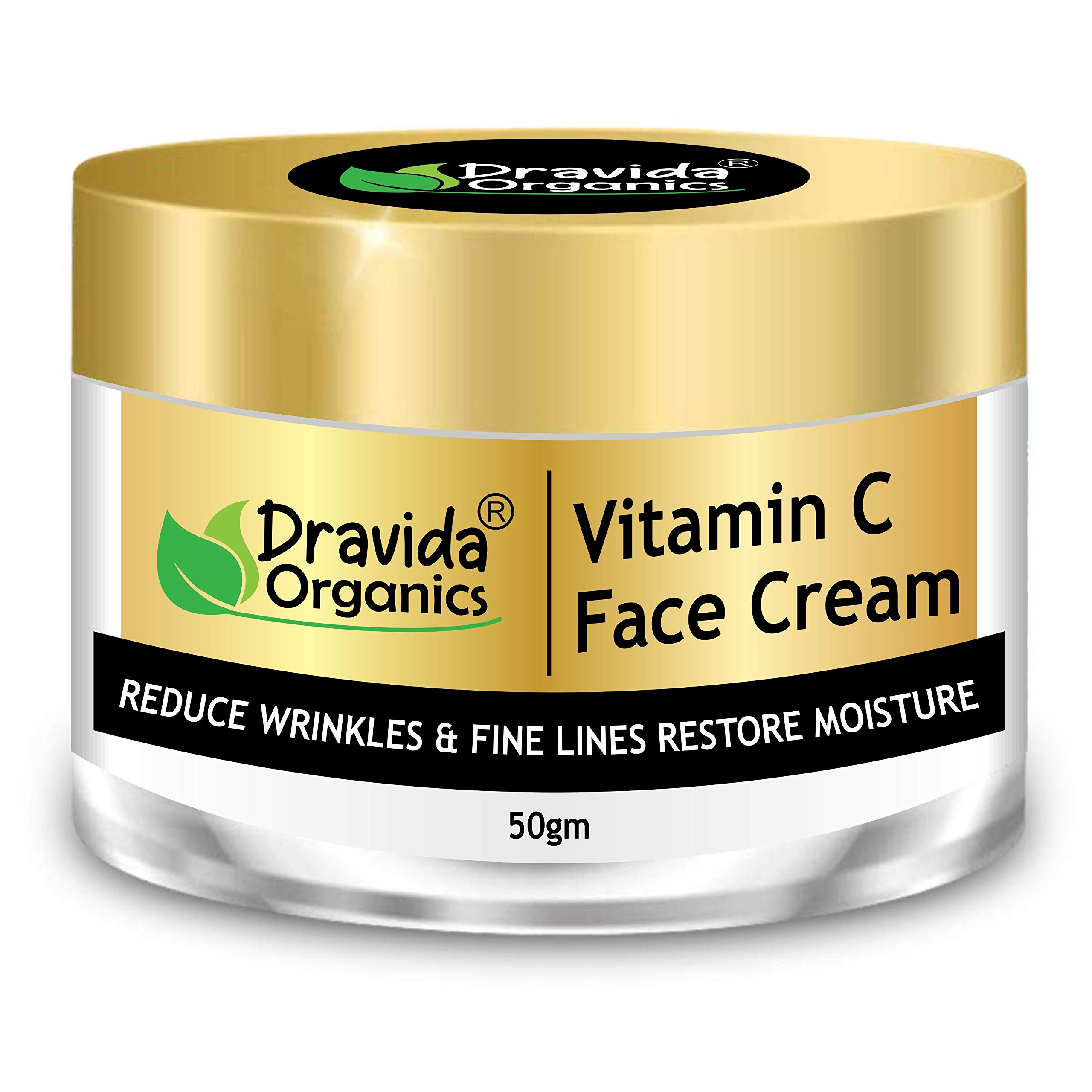 Dravida Organics Vitamin C Face Cream - Oil Free, Quick Absorbing Moisturizer for All Skin Types - Brightening & Anti-Aging (50g) | Daily Skincare for Glowing Complexion