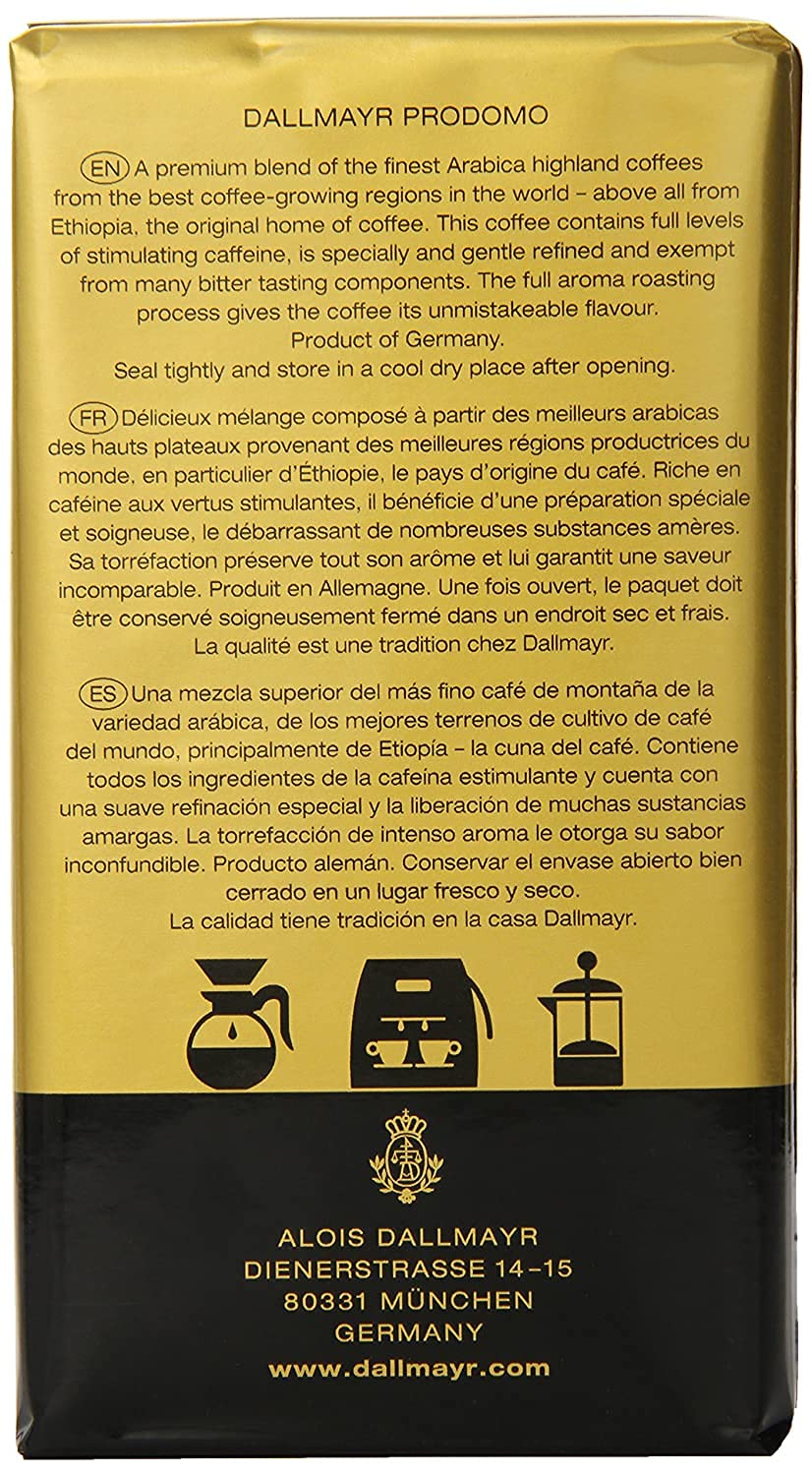 Dallmayr Prodomo Ground Gourmet Coffee - 8.8-Ounce Vacuum Pack (6-Pack) | Premium German Coffee for Home, Office & Gifts | Perfect for Espresso, Drip Coffee & French Press