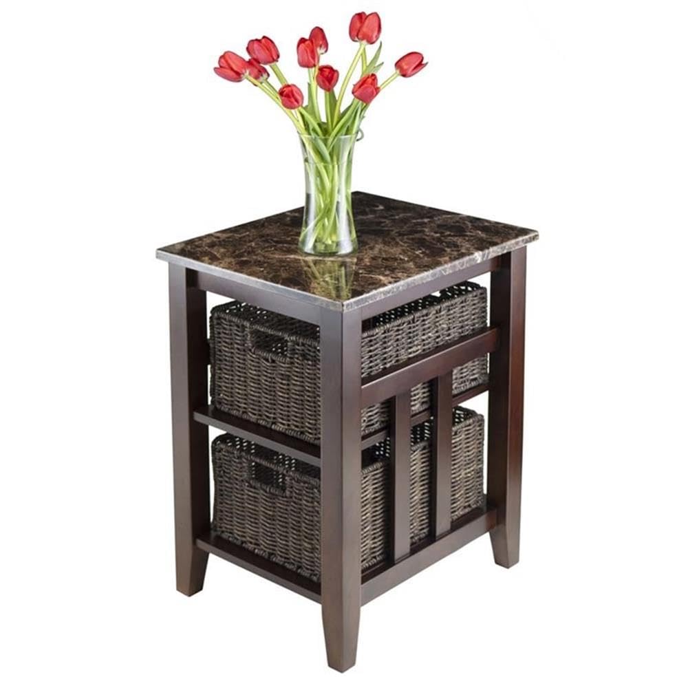 Pemberly Row Walnut Wood Side Table with Baskets for Living Room Decor