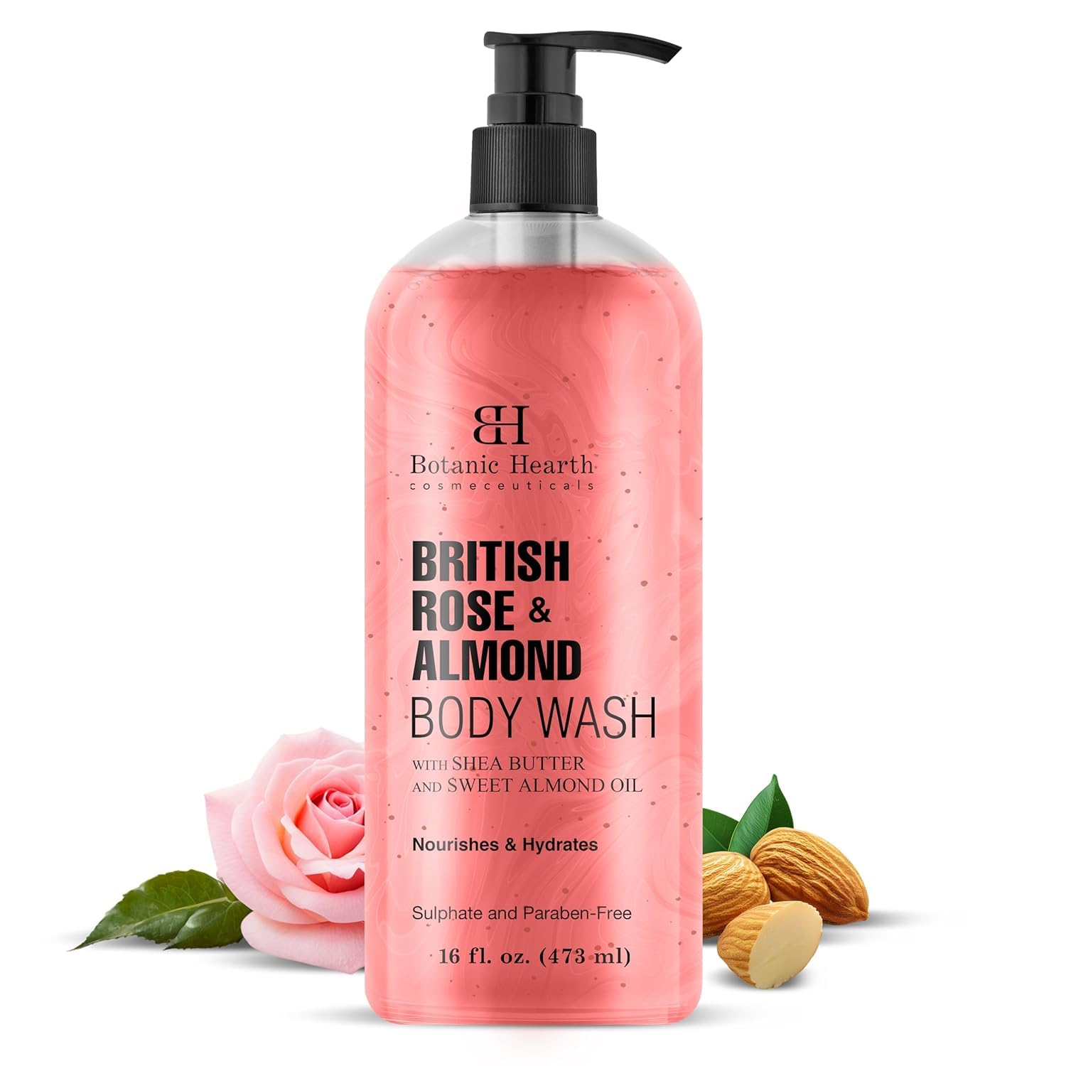 Botanic Hearth British Rose & Almond Body Wash with Shea Butter - Moisturizing Shower Gel for Soft, Smooth Skin | Sulfate & Paraben Free | 16 fl oz | Perfect for Daily Hydration & Relaxing Bath Time