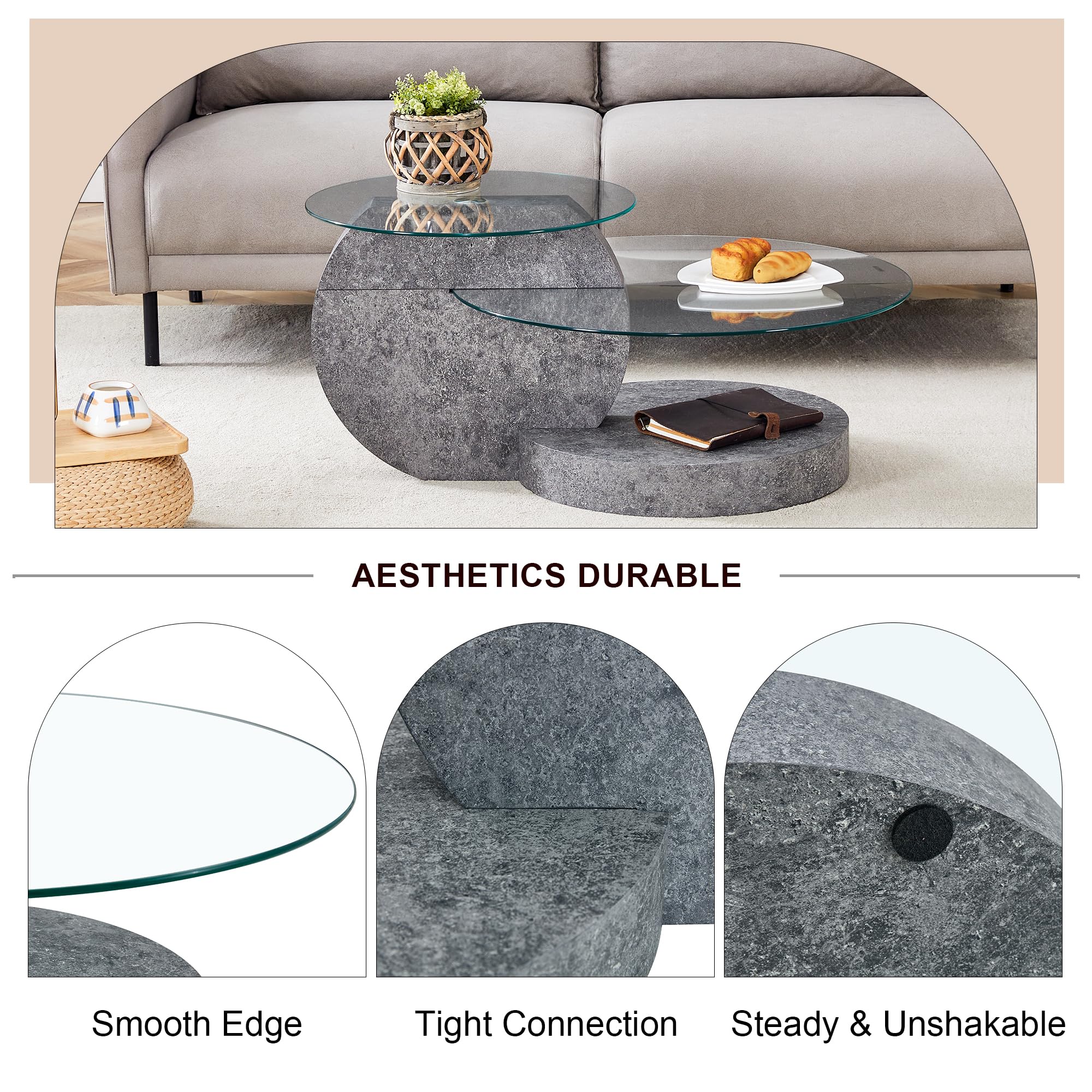Modern 3-Tier Round Glass Coffee Table - 35.4 Inch Grey Circle Living Room Table for Small Spaces | Home Office & Lounge Centerpiece