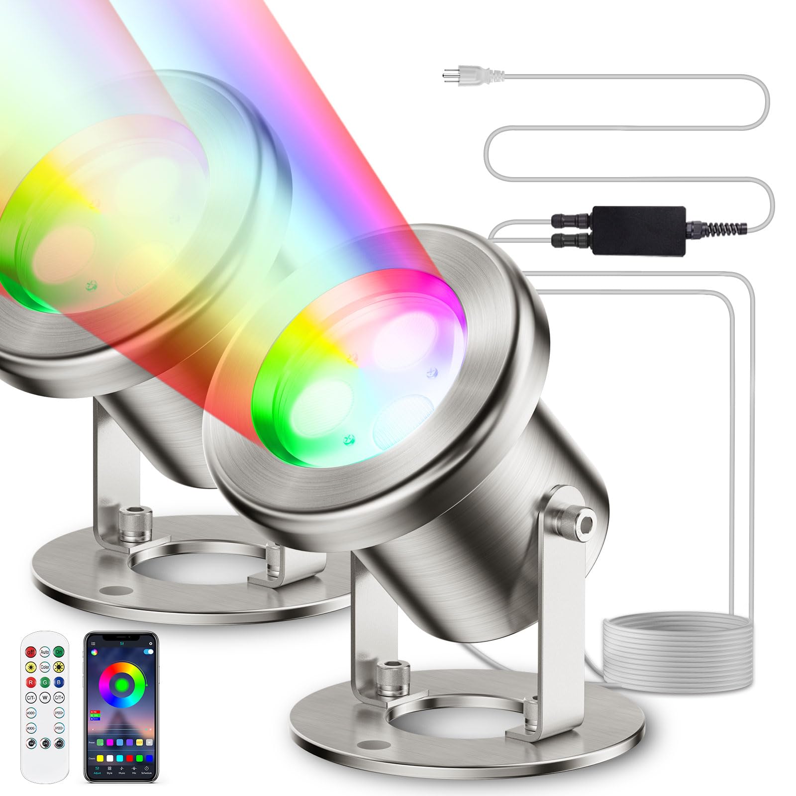 12W RGB LED Pond Lights with APP Control - Dimmable IP68 Waterproof Stainless Steel Underwater Lights for Fountain, Pool & Garden (2x6W, 26ft Cord, 12V Transformer Timer Included) - Perfect for Landscape Lighting, Water Features & Outdoor Decor