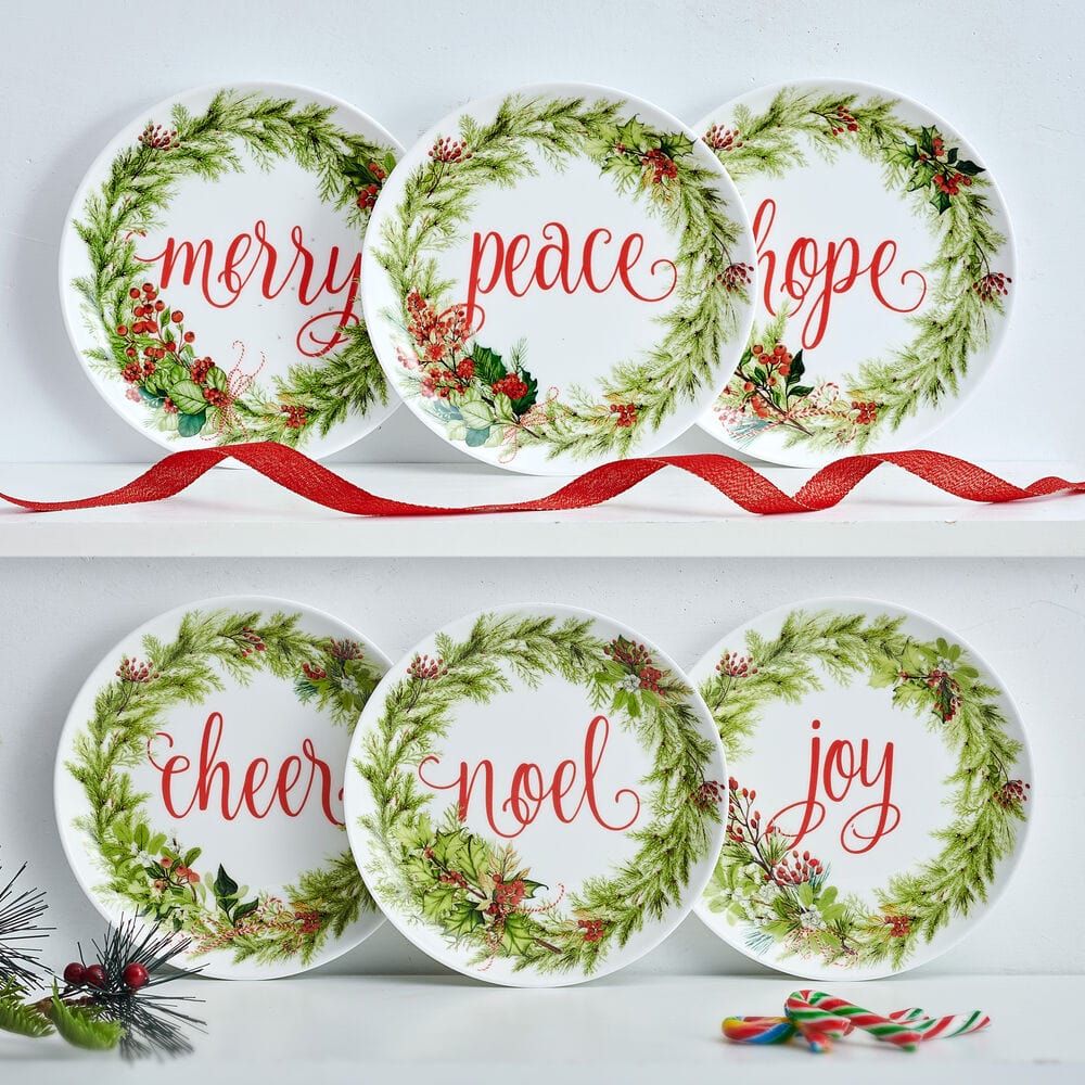 6-Piece Festive Appetizer Plate Set - Elegant Holiday Garland Design for Christmas Parties, Dinnerware & Entertaining