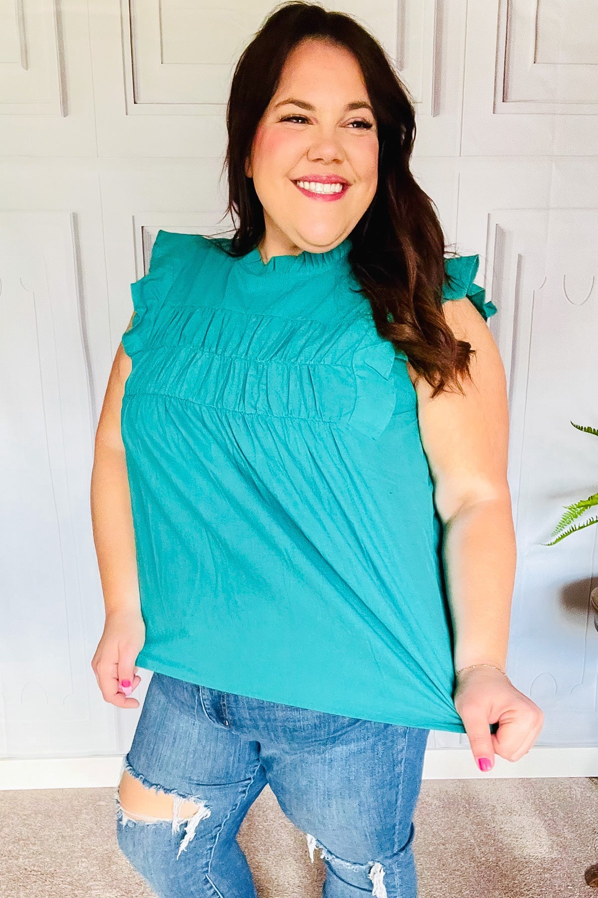 Stylish Turquoise Cotton Mock Neck Flutter Sleeve Blouse with Frill Details - Perfect for Date Nights, Office Wear & Summer Outfits