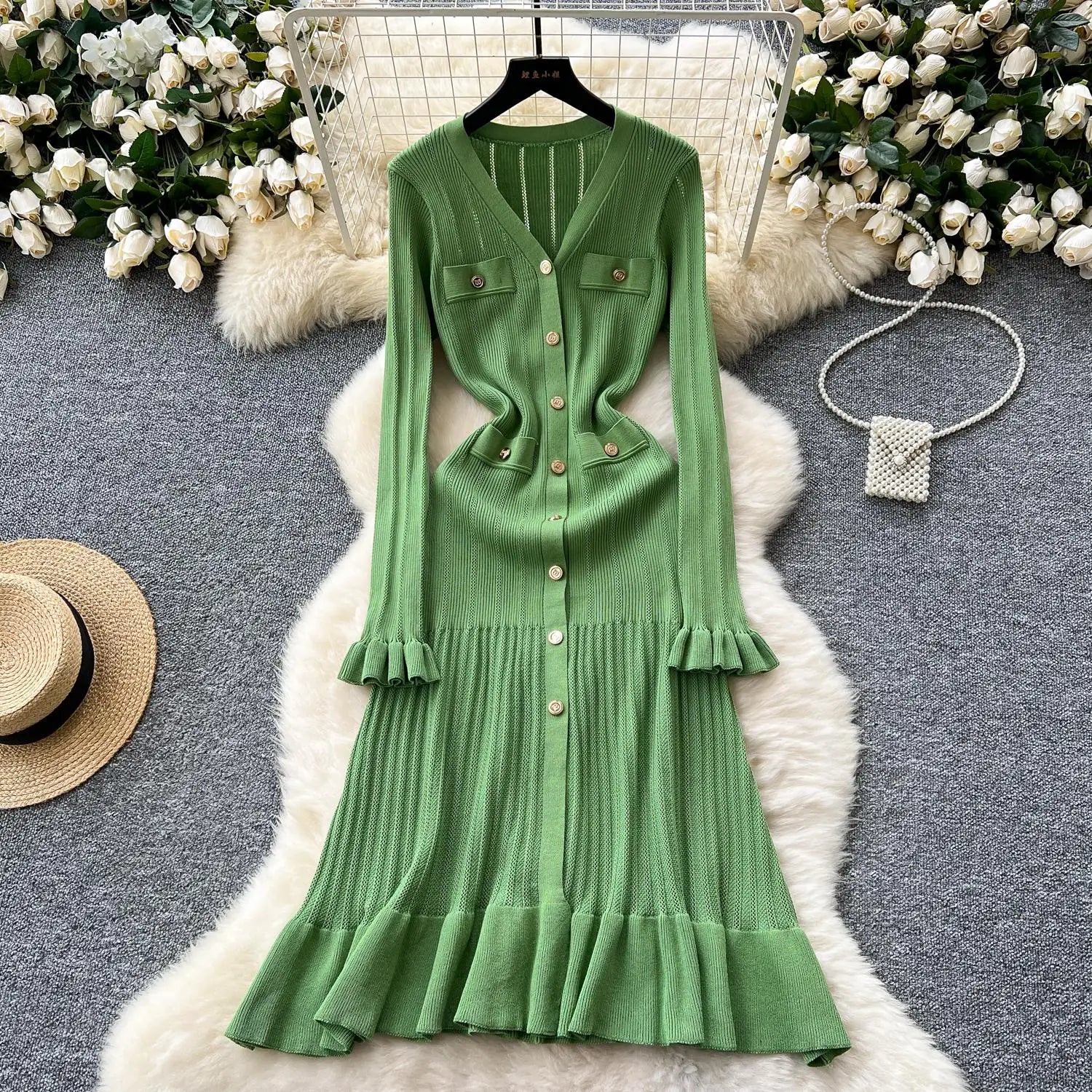Elegant French Green V-Neck Knitted Dress for Women - Slim Fit Long Sleeve Ruffled Dress with Single Breasted Design | Perfect for Autumn 2024 Fashion, Office Wear, and Special Occasions