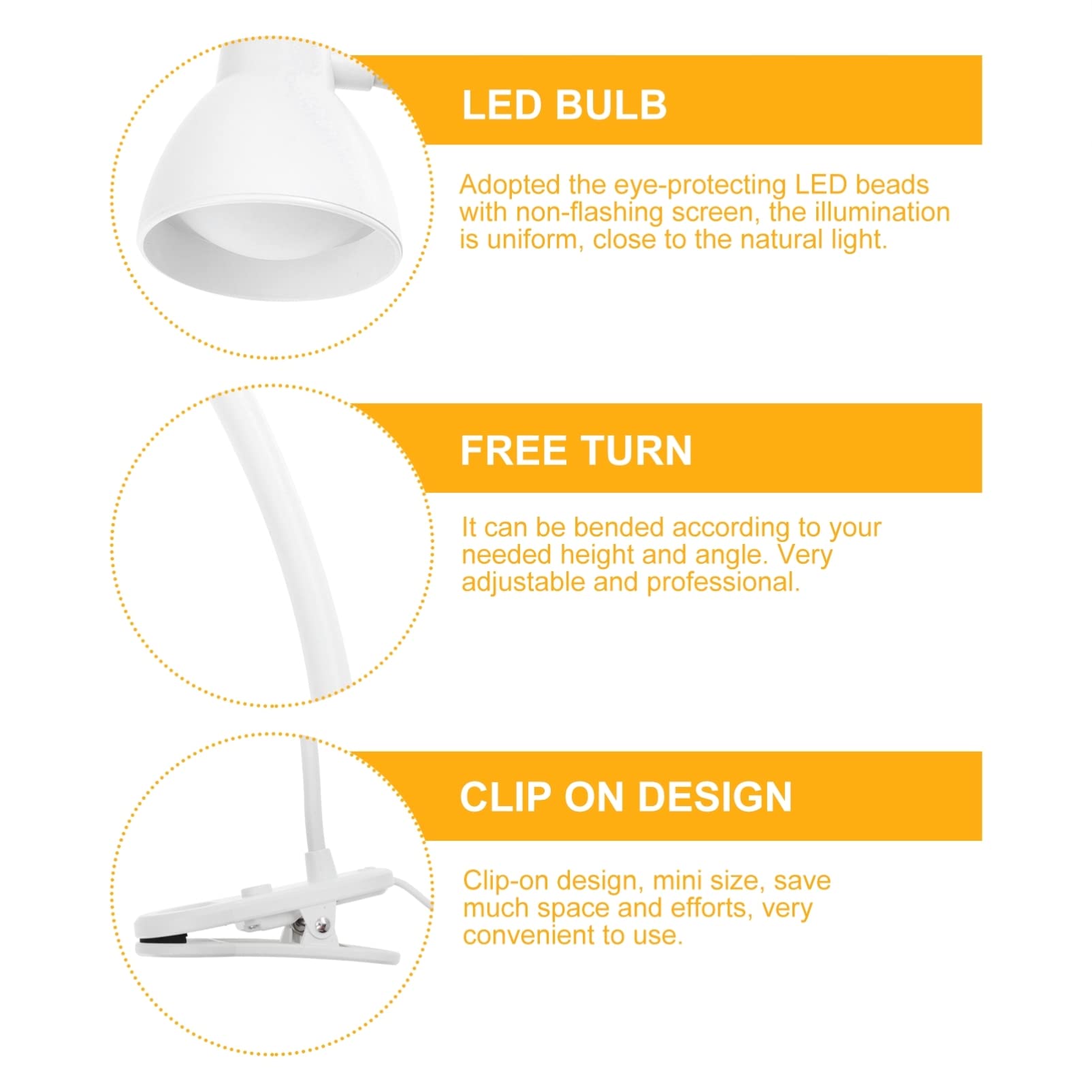 OSALADI LED Clip On Reading Light - USB Powered Adjustable Desk Lamp with Eye Protection, Flexible Clamp for Books, Headboards & Video Conferences (White) - Perfect for Night Reading, Office Work & Online Meetings