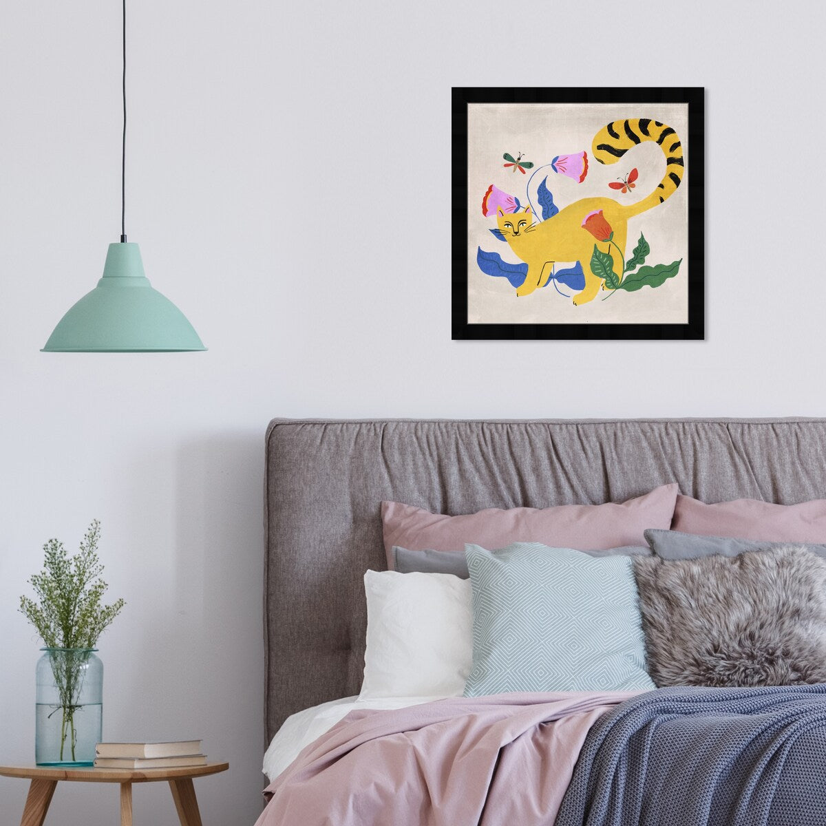 Blonde Tabby Floral Kitten Butterfly Garden Modern Yellow Framed Wall Art Print - Perfect for Bedroom, Nursery & Home Decor