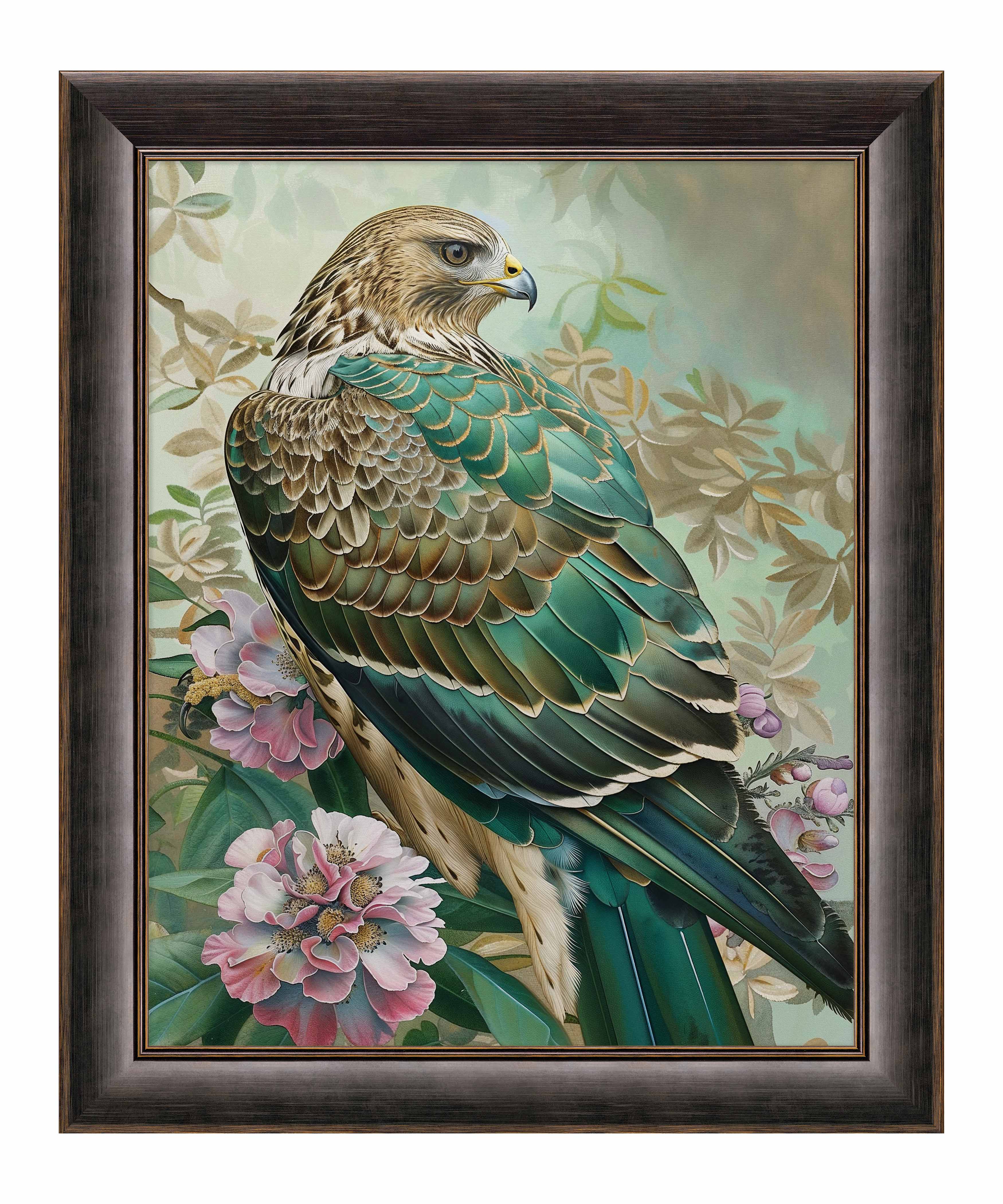 Emerald Majesty Hawk Amidst Blossoms Limited Edition Canvas Wall Art - Nature Inspired Home Decor for Living Room, Bedroom & Office