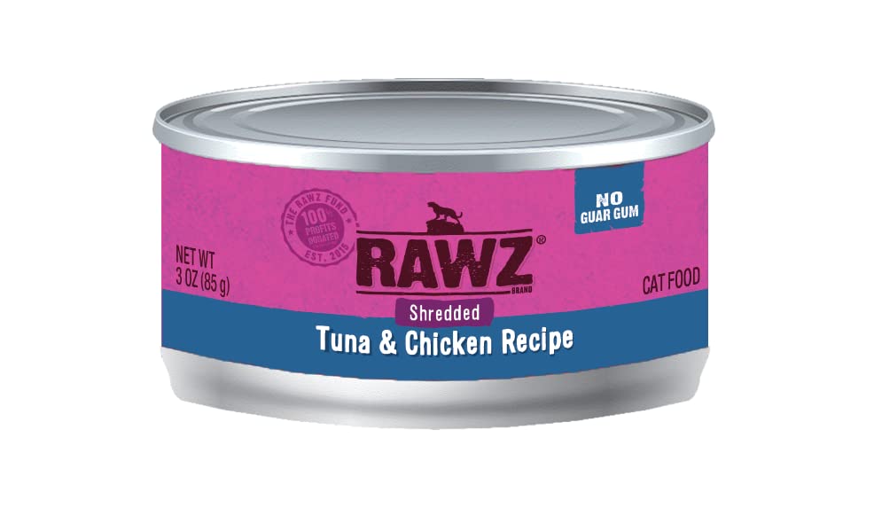 Rawz Natural Premium Canned Cat Wet Food Shredded - 12 Pack Variety (4 Flavors: Tuna & Salmon, Chicken & Liver, Tuna & Chicken, Chicken) - 3oz Cans with Yow Pet Lid - Grain-Free High Protein Meal for Indoor & Outdoor Cats - Perfect for Travel & Daily Feeding