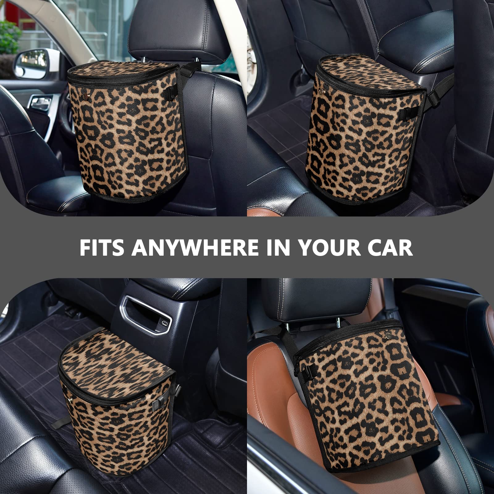 Senya Leopard Print Car Trash Can - Leak-Proof Hanging Car Garbage Bin with Lid, Interior Car Organizer Accessory for Sedan, SUV & Truck | Perfect for Road Trips, Commuting & Family Travel
