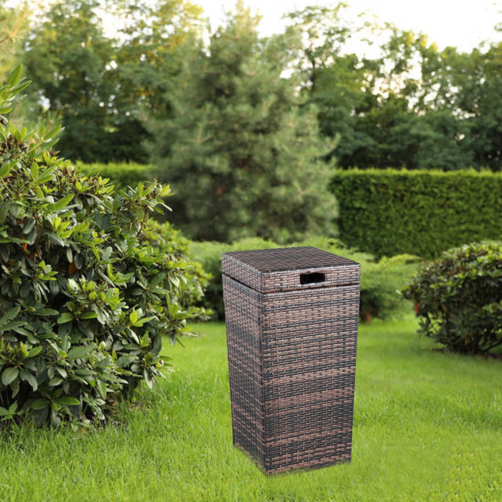 27 Gallon Outdoor Rattan Trash Can with Lid - Waterproof Patio Garden Waste Bin, Iron Frame Brown Gradient Design | Perfect for Backyard, Deck & Poolside Use