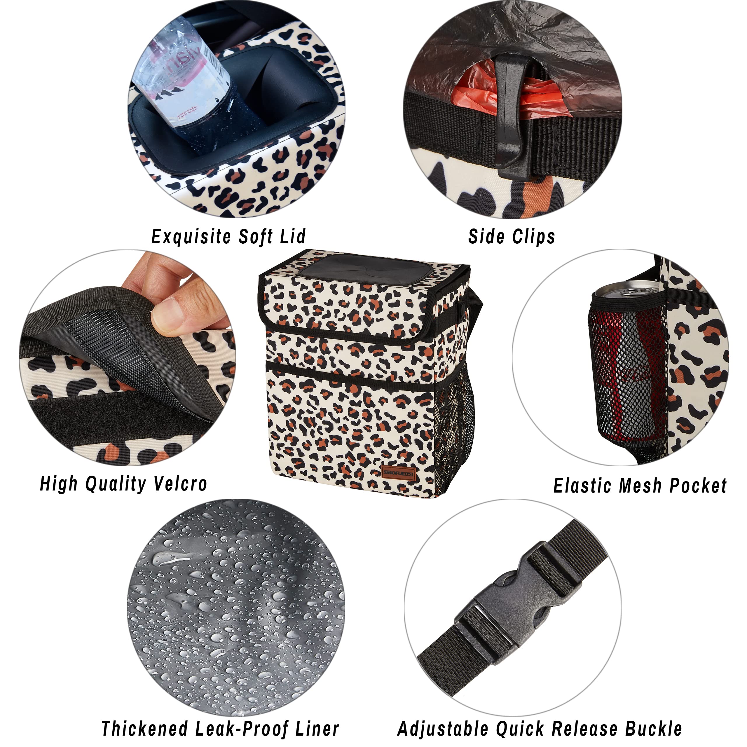 Leopard Print Collapsible Car Trash Can with Lid - 2 Gallon Waterproof & Leak-Proof Vehicle Garbage Bin with Storage Pockets & Adjustable Straps | Perfect for Road Trips, Commuting, and Keeping Your Car Clean