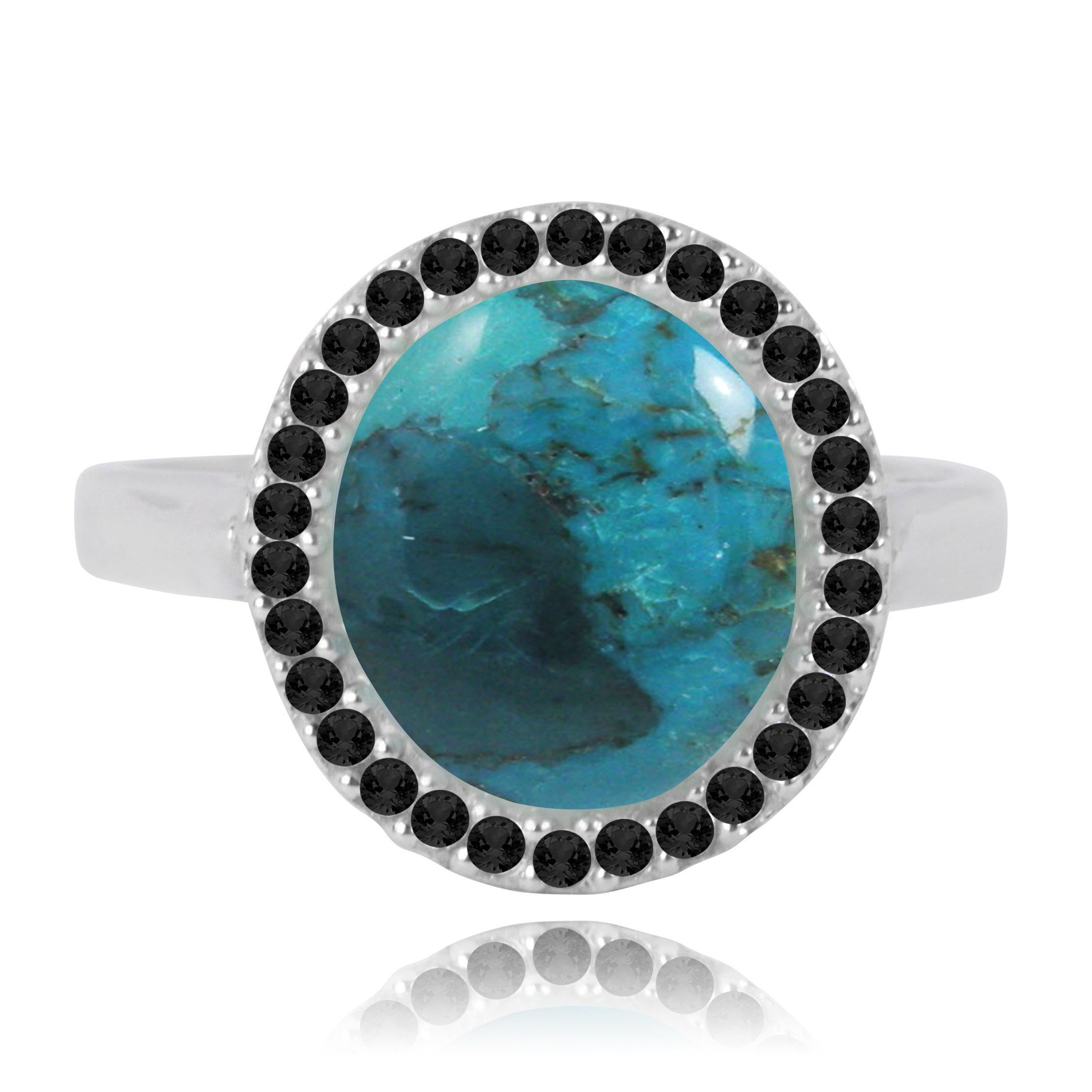 Compressed Turquoise Cocktail Ring with 30 Round Black Sapphire Stones - Elegant Statement Jewelry for Evening Parties & Special Occasions