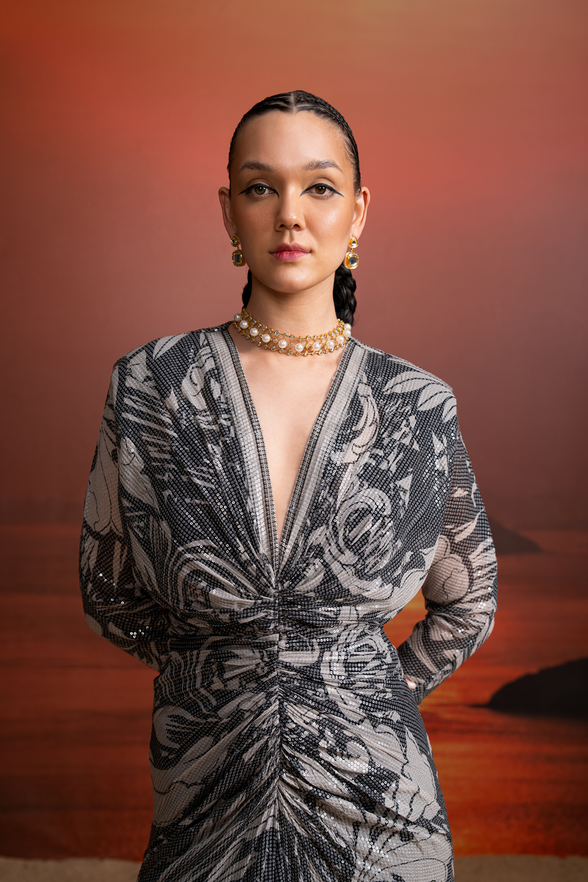 NOIR SWIRL PRINTED SEQUINS DRAPED DRESS - Elegant Black Sequin Party Dress for Women, Perfect for Evening Events, Cocktail Parties & Special Occasions