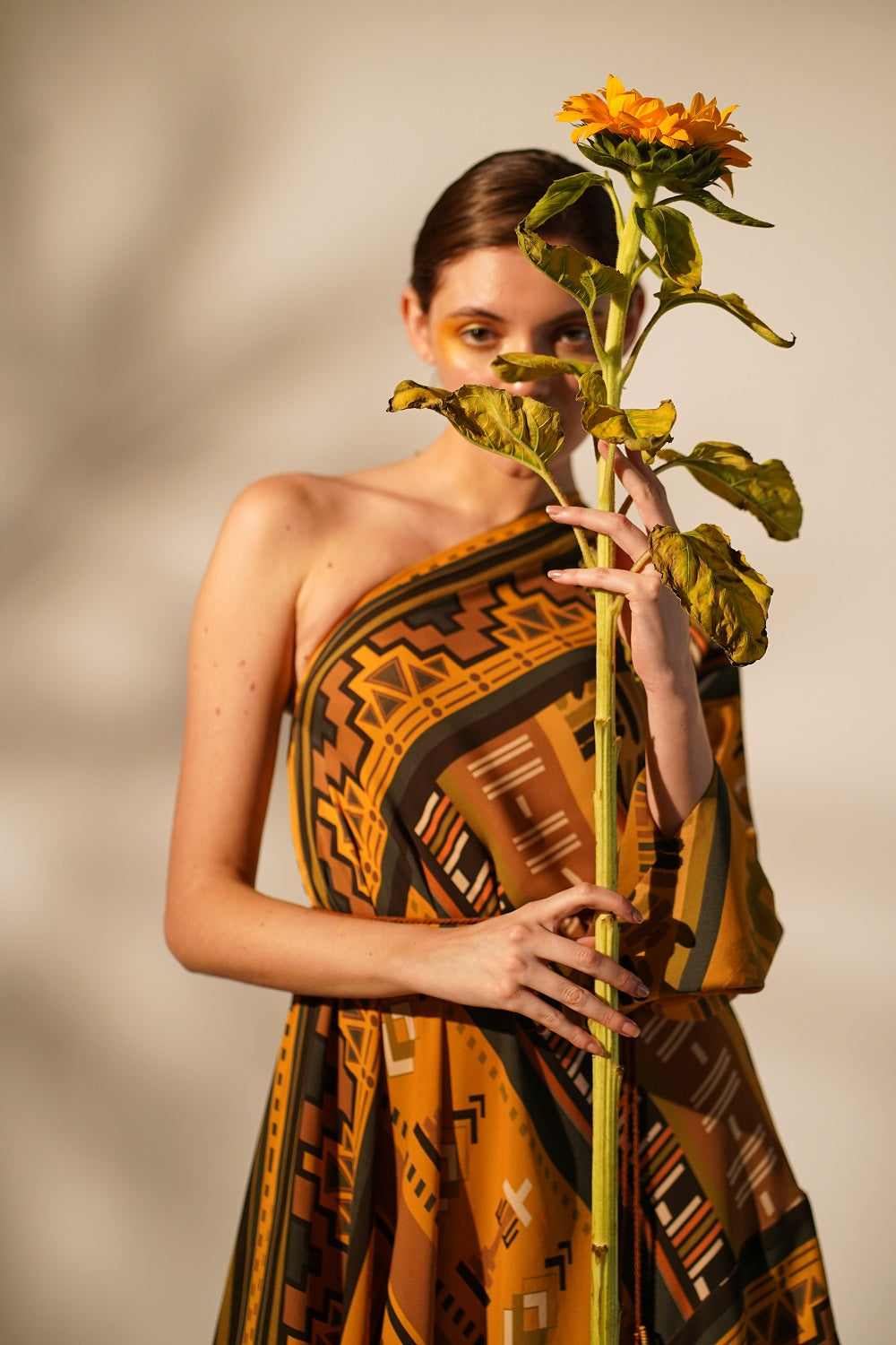 Mustard Aztec Print One Shoulder Dress for Women - Boho Chic Summer Party Outfit - Perfect for Beach Vacations, Music Festivals & Date Nights