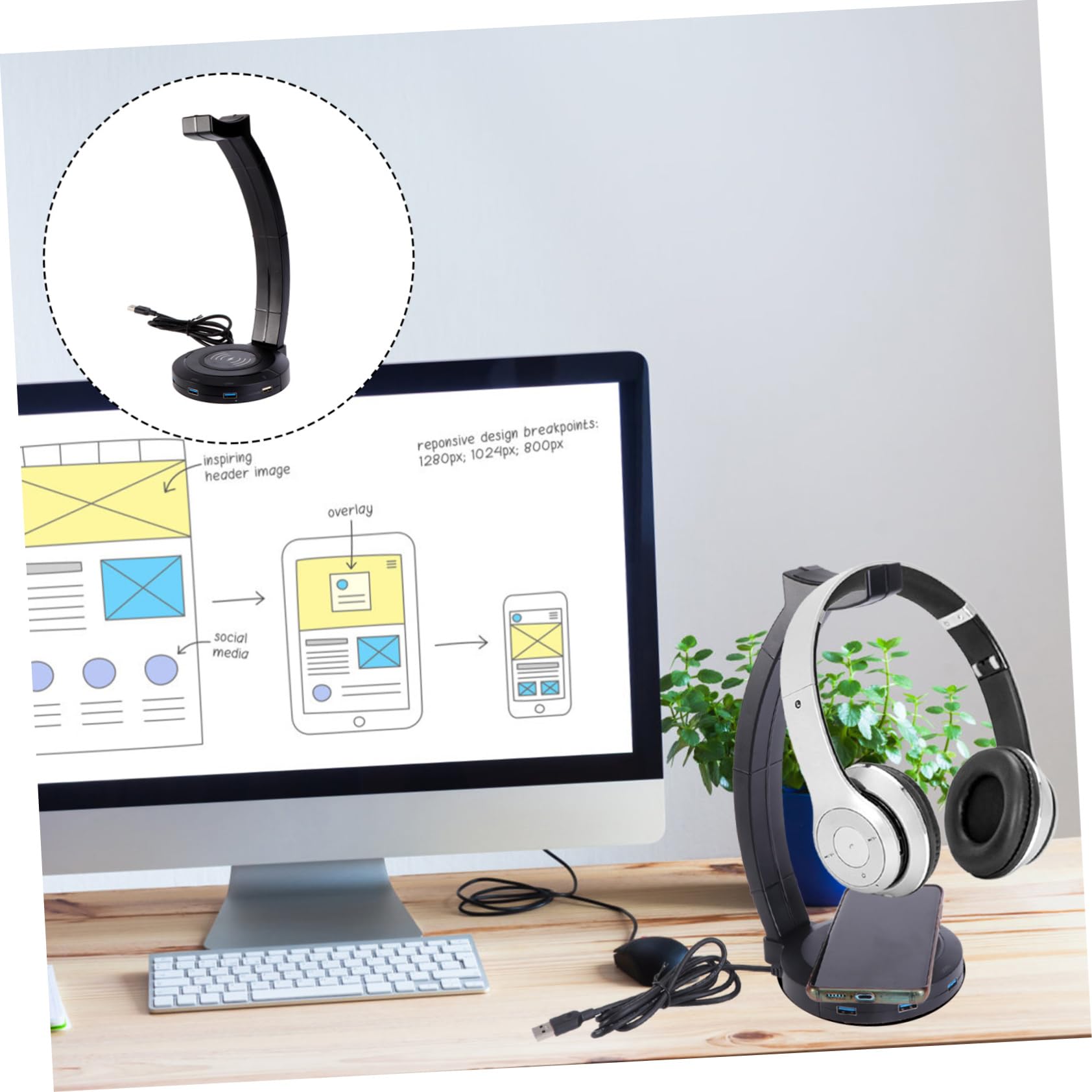 Veemoon RGB LED Headphone Stand with USB Charging Port - Gaming Headset Holder for Phone & Tablet | Perfect for Gaming Setup & Desk Organization