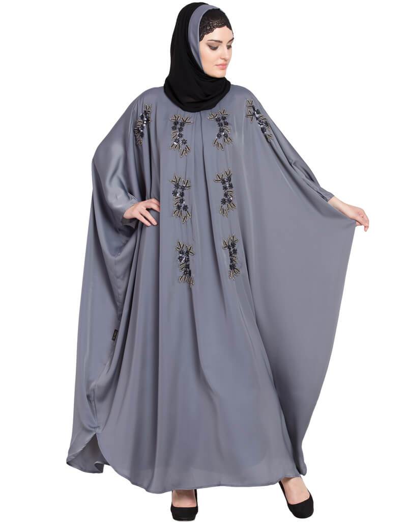 Elegant Arabic Thread Embroidered Nida Kaftan Dress - Grey | Traditional Islamic Abaya for Women | Perfect for Eid, Wedding & Special Occasions