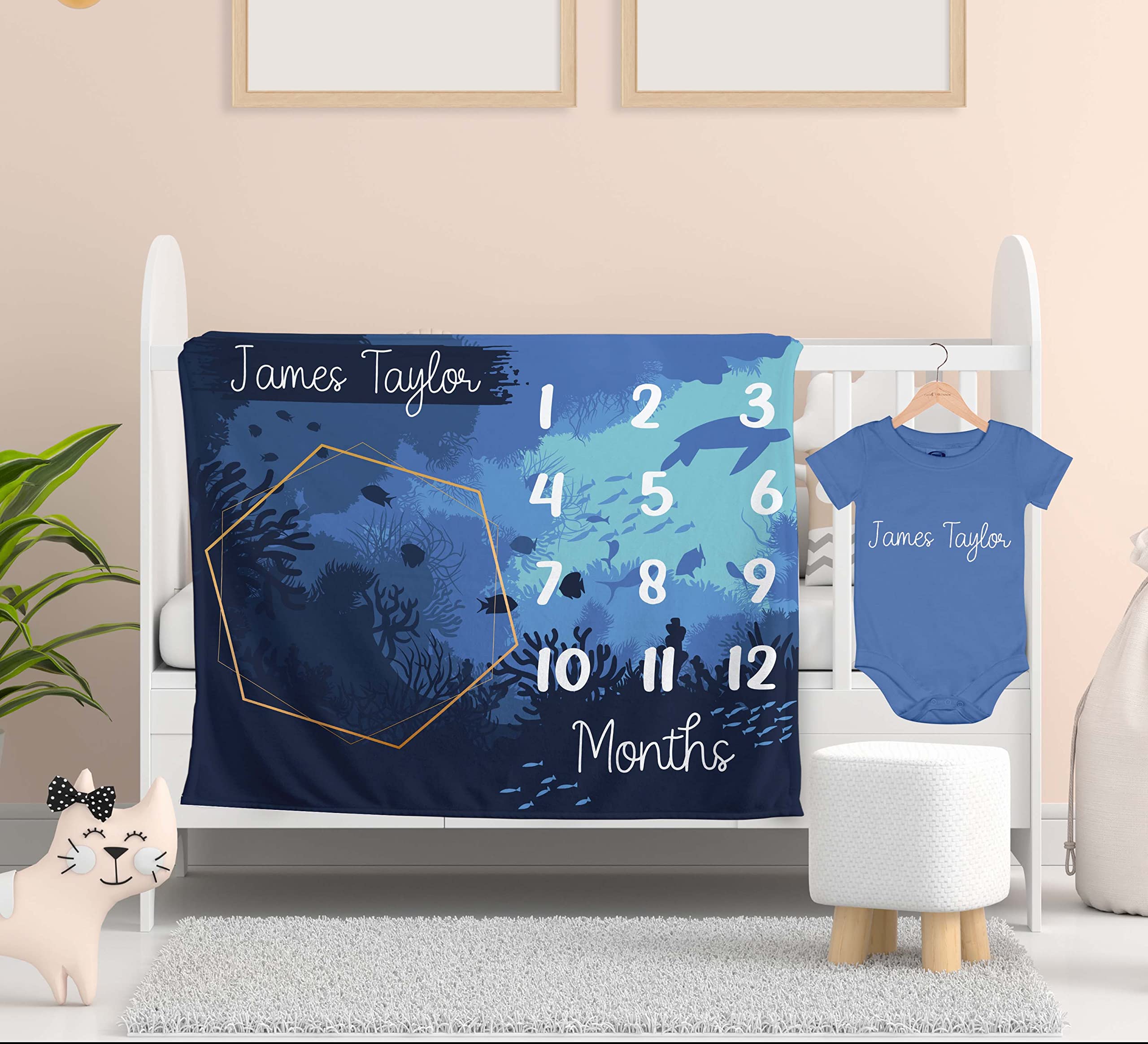 Personalized Baby Milestone Blanket with Onesie & Bib - Custom Name Growth Chart Blanket for Boys & Girls | Perfect for Newborn Photography, 1st Birthday Gifts & Nursery Decor