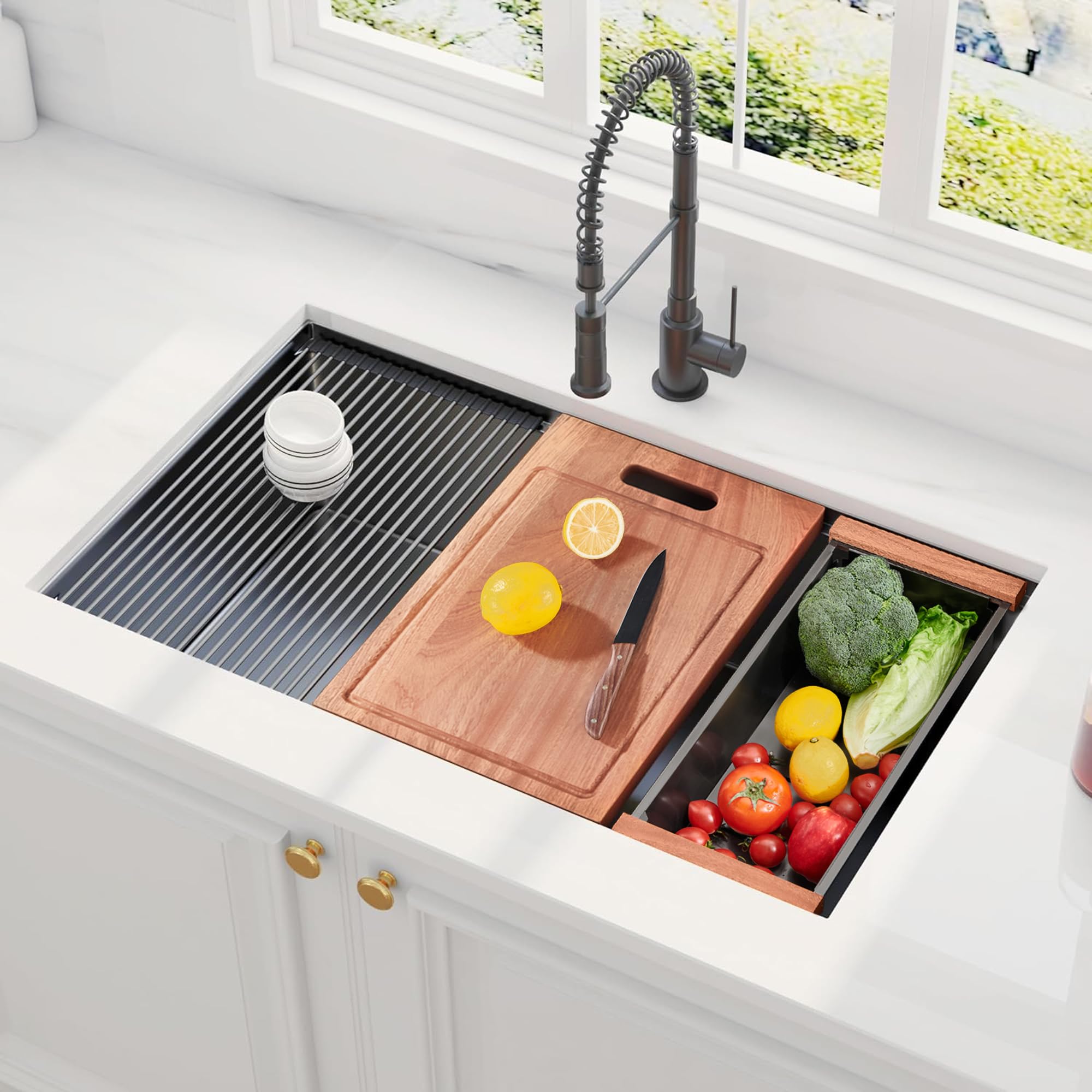 30 Inch Black Undermount Kitchen Sink - 16 Gauge Stainless Steel Single Bowl Workstation Sink with R10 Round Corners, Ledge & Accessories (5-Pack) - Perfect for Modern Kitchens, Restaurants & Food Prep Areas