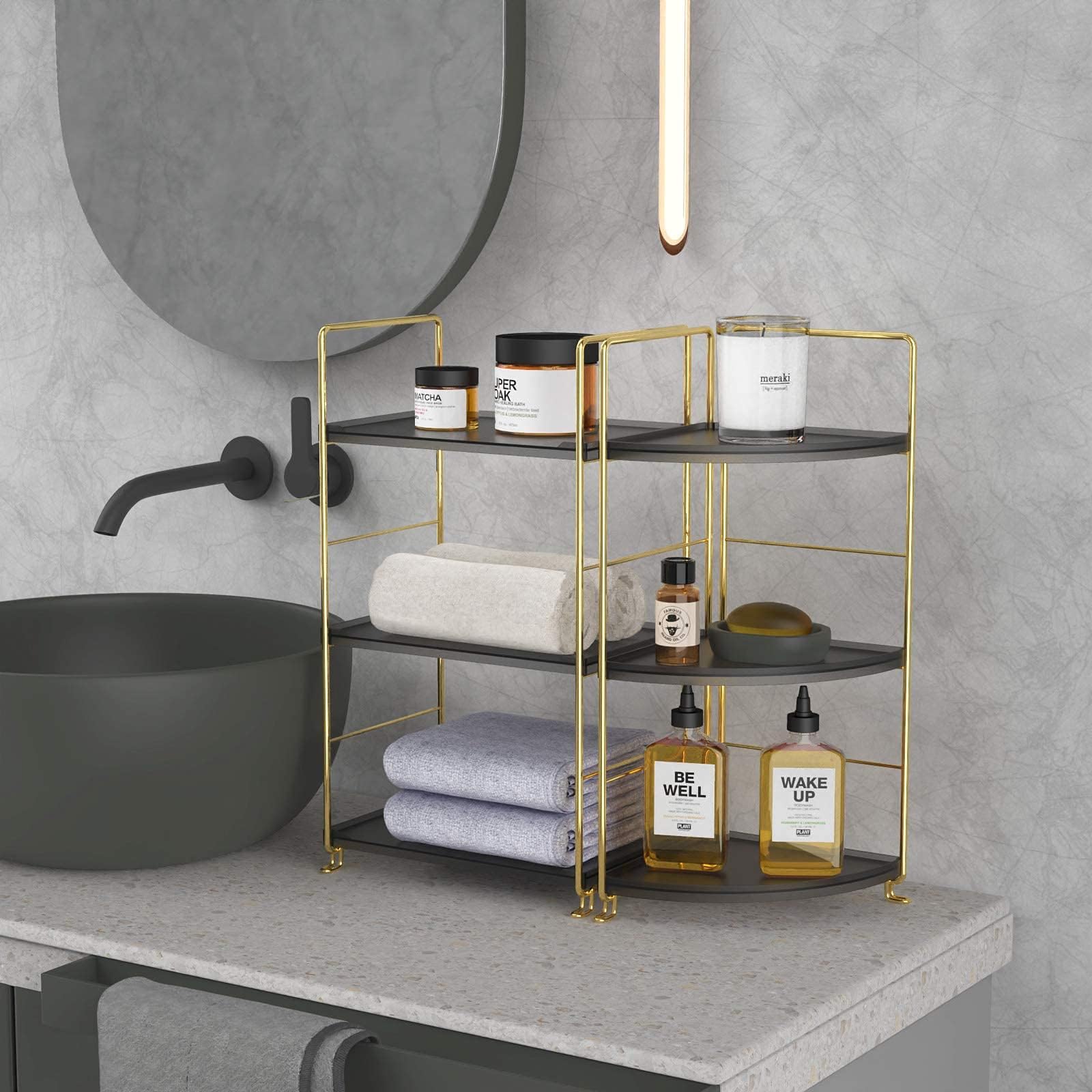 3-Tier Corner Bathroom Organizer Countertop Storage Shelf - Plastic Vanity Tray for Makeup, Jewelry & Toiletries - Space-Saving Organizer for Kitchen, Bathroom, Dresser (Gold) - Perfect for Small Spaces & Clutter-Free Countertops