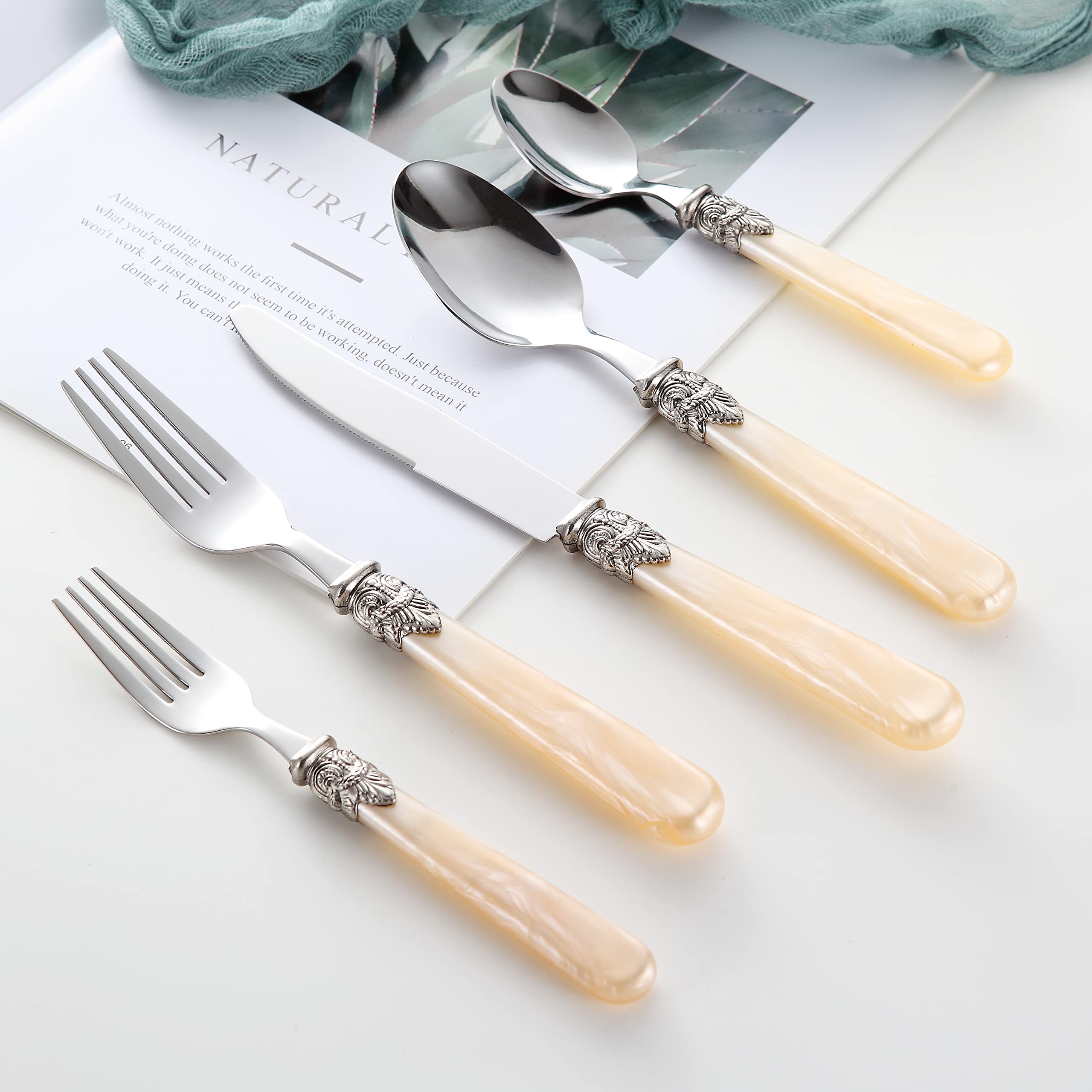 REVERIE 18/10 Stainless Steel Vintage Flatware Set - 30-Piece Silverware Set with Champagne Finish | Dishwasher Safe | Elegant Dining for Weddings, Parties & Formal Occasions