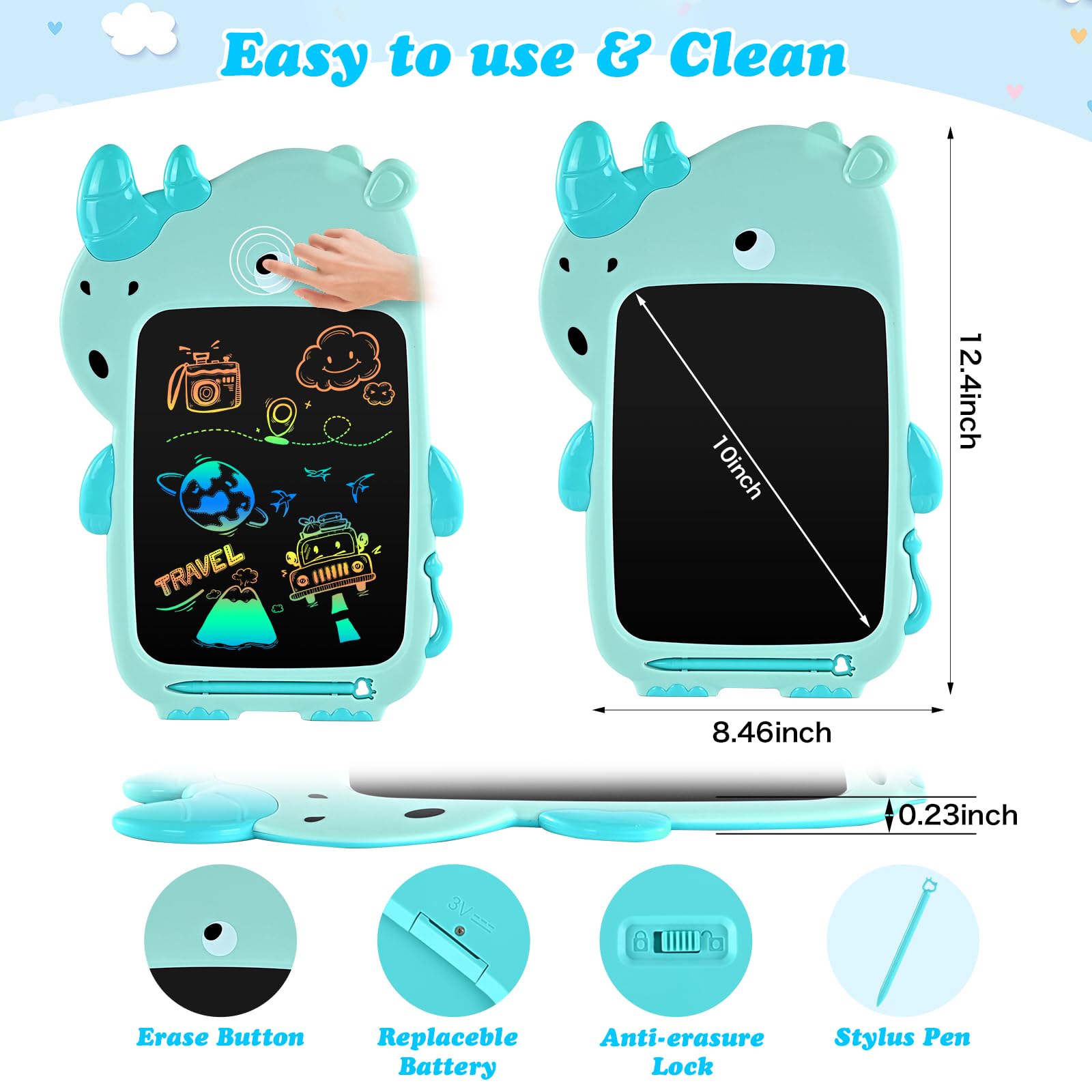 10 Inch LCD Writing Tablet for Kids - Doodle Drawing Pad with Rhinoceros & Dinosaur Design | Educational Toy for Boys & Girls Ages 3-8 | Perfect Birthday, Christmas, Easter & Thanksgiving Gift | Portable Drawing Board for Home, School & Travel Activities