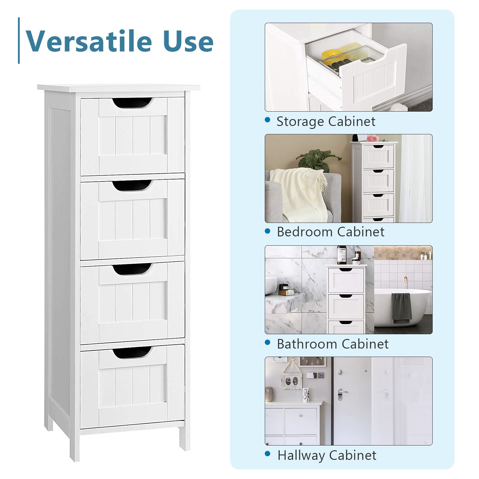 White Bathroom Floor Cabinet with 4 Drawers - Wooden Storage Organizer for Bathroom, Living Room, Bedroom & Hallway - Perfect for Small Space Organization & Home Decor