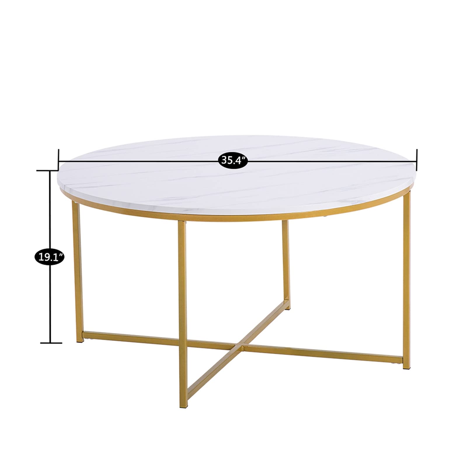 White Marble Round Coffee Table with Golden Metal X-Shaped Base - 35 Inch Modern Living Room Table with Smooth Surface & Cross Foot Design - Perfect for Small Spaces, Apartments & Home Decor (GC983125874)