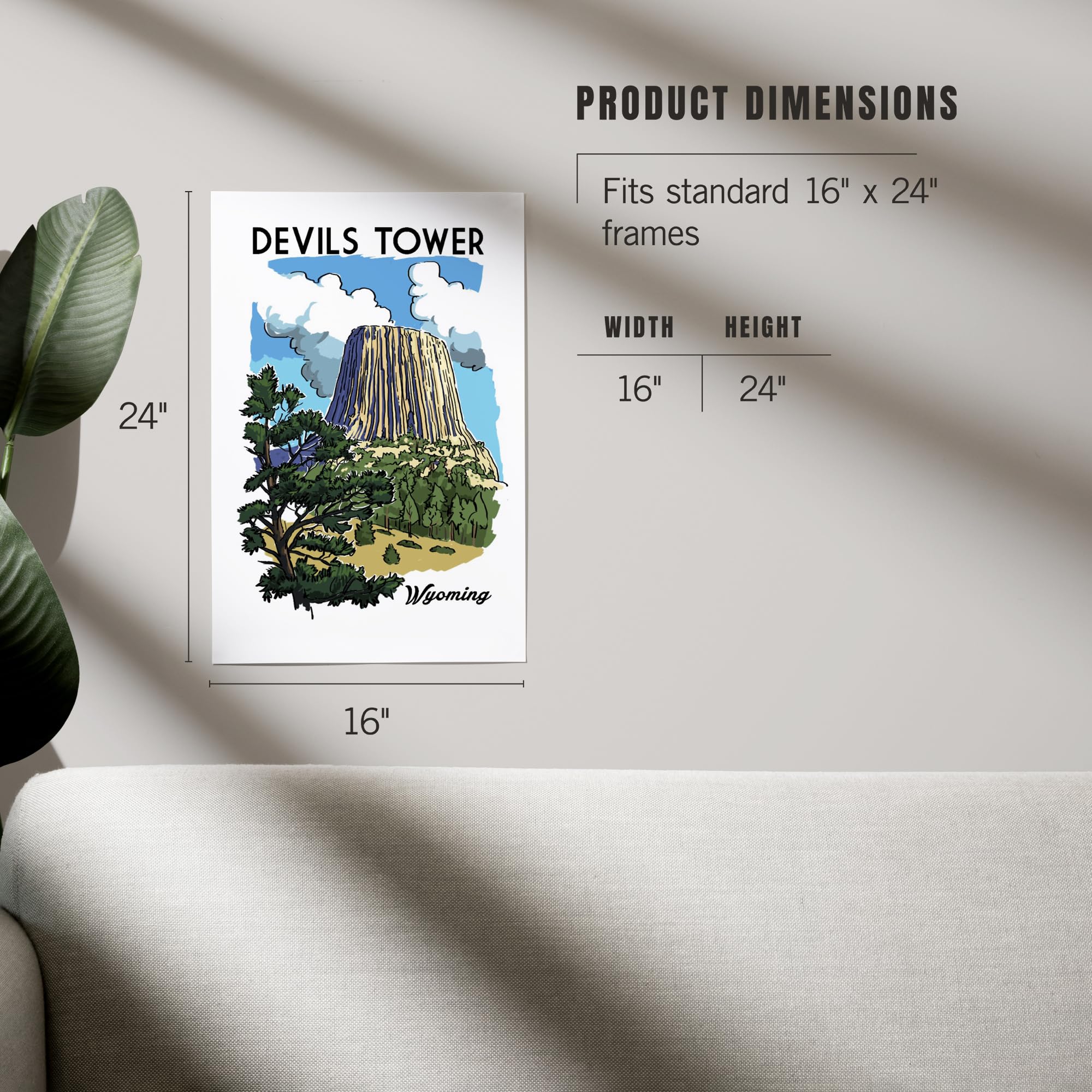16x24 Inch Giclee Art Print - Devils Tower Wyoming Landscape Line Drawing Wall Art for Living Room, Office & Home Decor