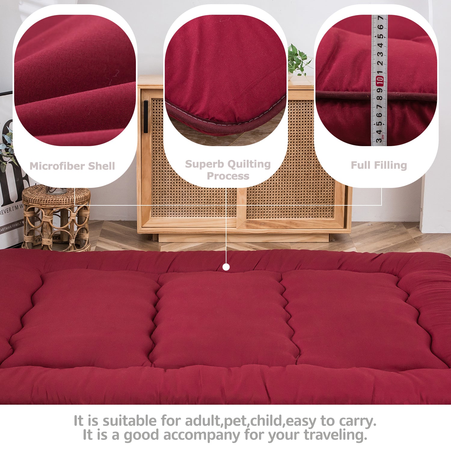 MAXYOYO Extra Thick Japanese Floor Futon Mattress - Burgundy Red | Comfortable Tatami Bedding for Guest Room, Small Space & Meditation