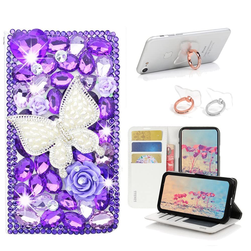 STENES Bling Wallet Case for Samsung Galaxy A02s - 3D Pearl Butterfly Leather Cover with Ring Stand [2 Pack] - Perfect for Daily Use & Travel