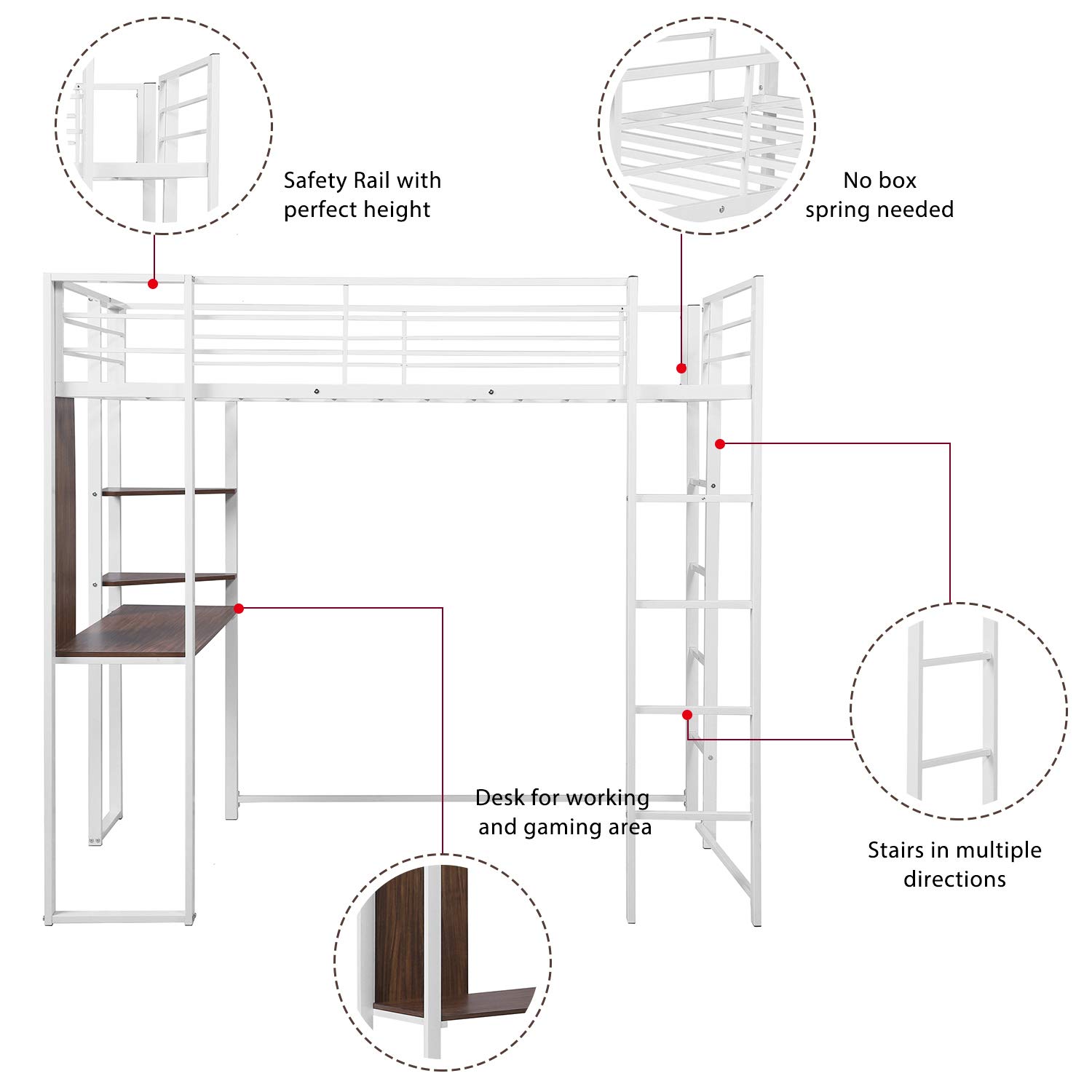 KLMM Full Size Metal Loft Bed with 2 Ladder & Built-in Desk - Space Saving Bed Frame with Storage Shelf & Full-Length Guardrail - No Box Spring Needed (White) - Perfect for Small Bedrooms, Dorms & Studio Apartments