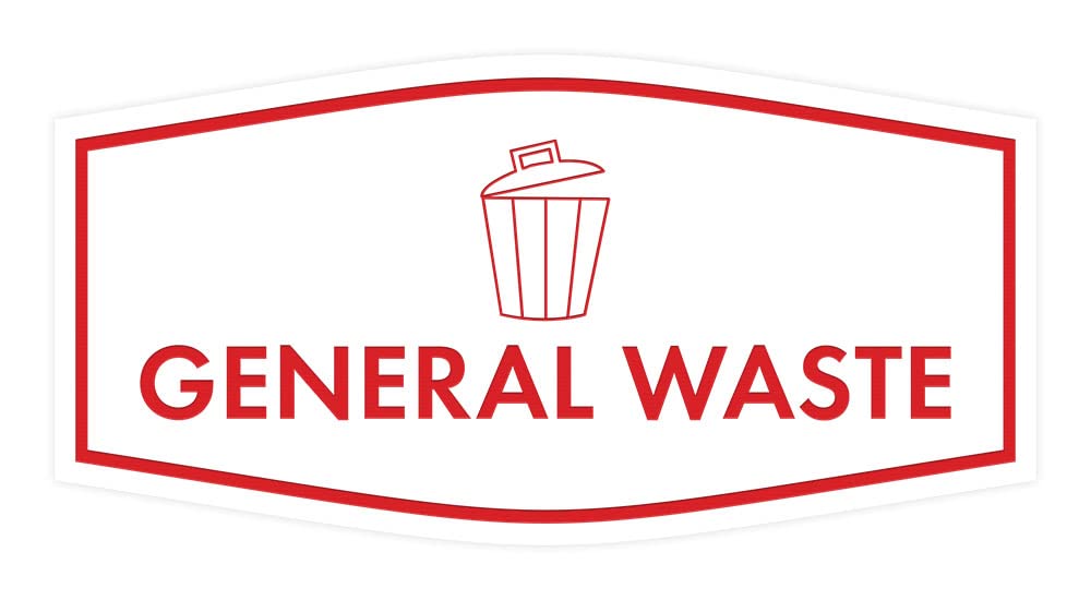 Small General Waste Sign (White/Red) - Durable Trash Bin Label for Office, Warehouse & Public Spaces
