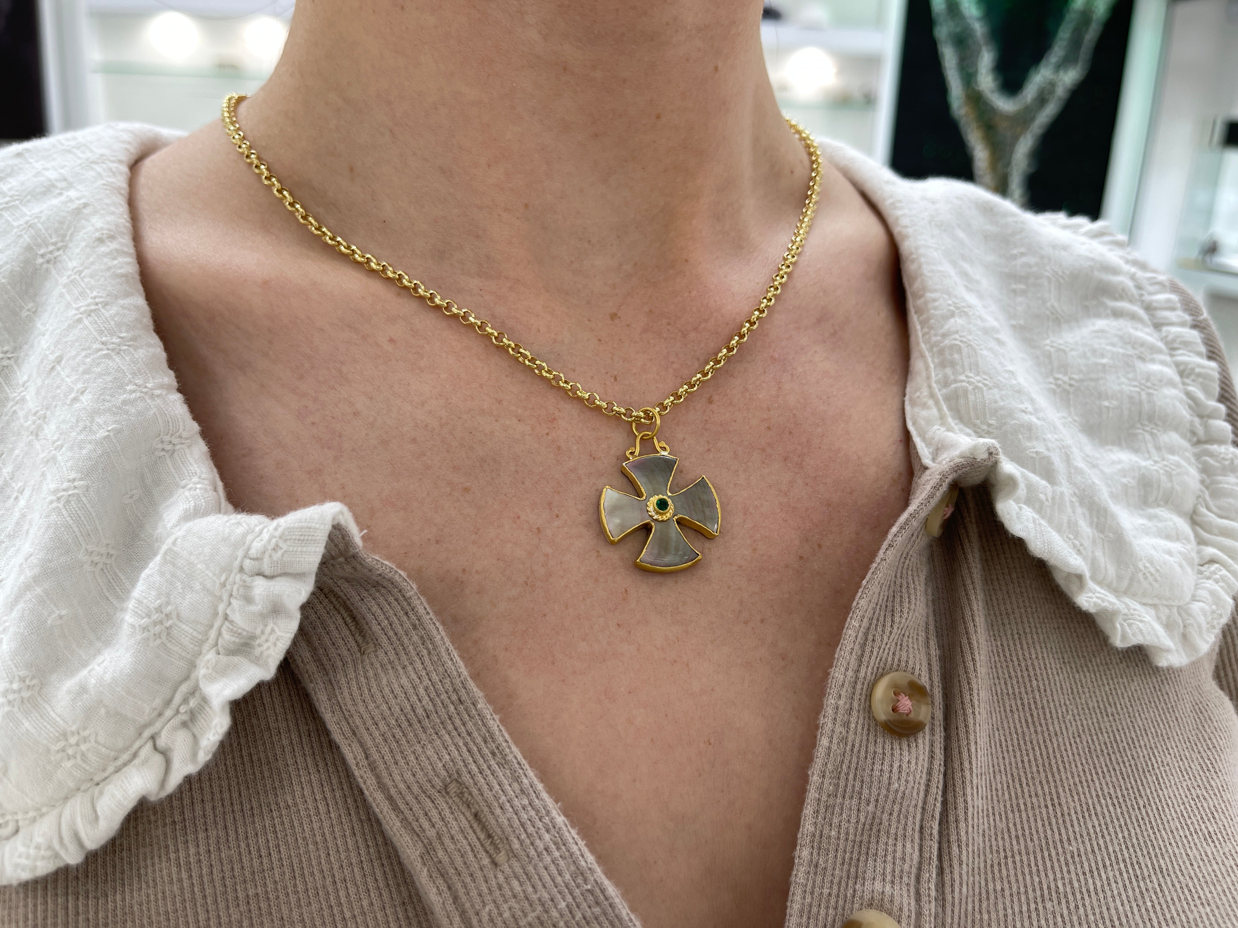 24K Gold Byzantine Cross with Mother of Pearl and Emerald - Maltese Style Religious Jewelry for Men & Women - Perfect for Church, Weddings, and Special Occasions