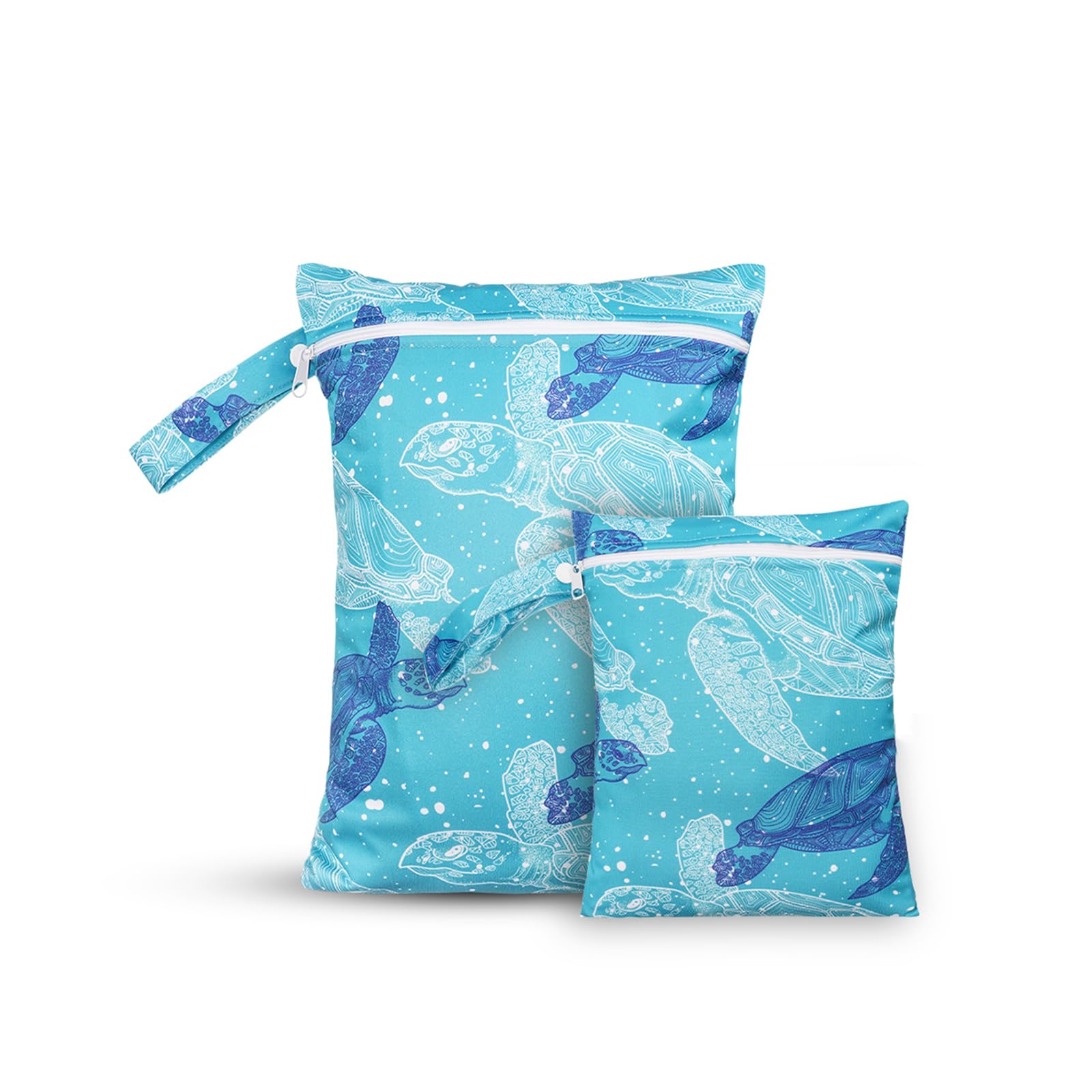2 Pack Waterproof Reusable Wet Dry Bags with Zipper - Eco-Friendly Cloth Diaper Storage for Travel, Beach, Pool & Swim | Perfect for Baby Diapers, Gym Yoga Clothes, Swimsuits & Water Wipes (Blue Turtle Design) - Ideal for Daycare, Outdoor Activities & Sports Gear Organization