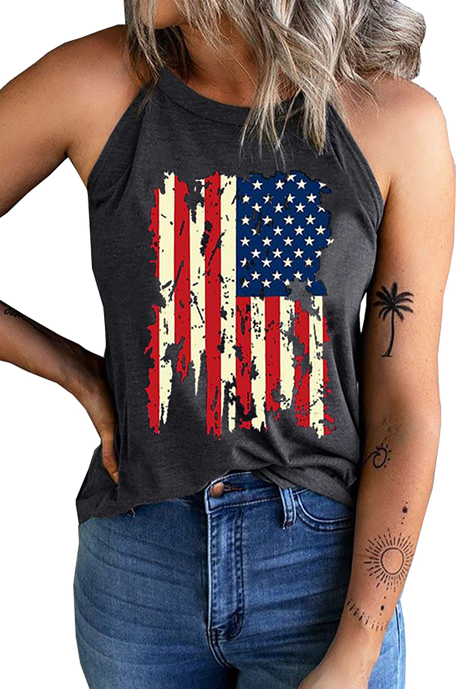 Women's American Flag Halter Tank Top - Patriotic 4th of July Graphic Tee with Stars & Stripes Design | Perfect for Independence Day, BBQ Parties & Summer Outfits