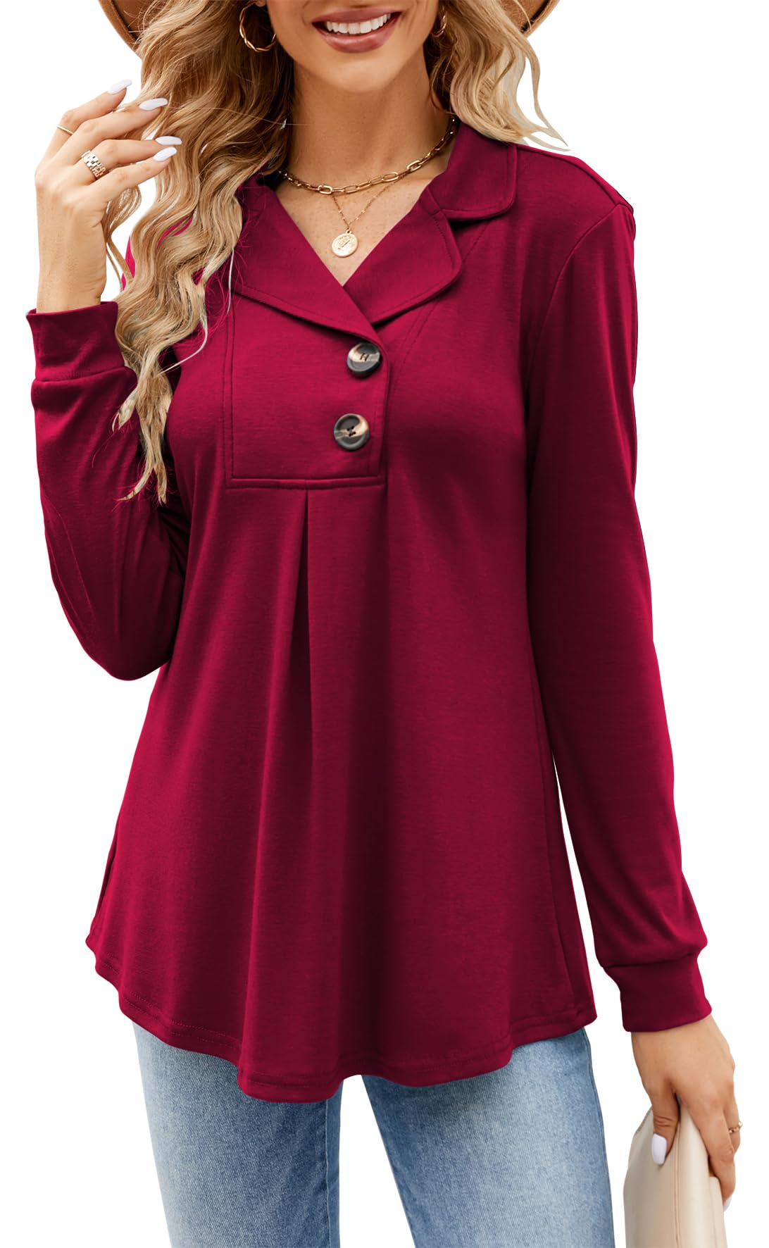 Newchoice Women's Long Sleeve Tunic Tops for Leggings - Casual Notch Collar Button Front Pullover Sweatshirt Shirt - Perfect for Work, Yoga & Everyday Wear
