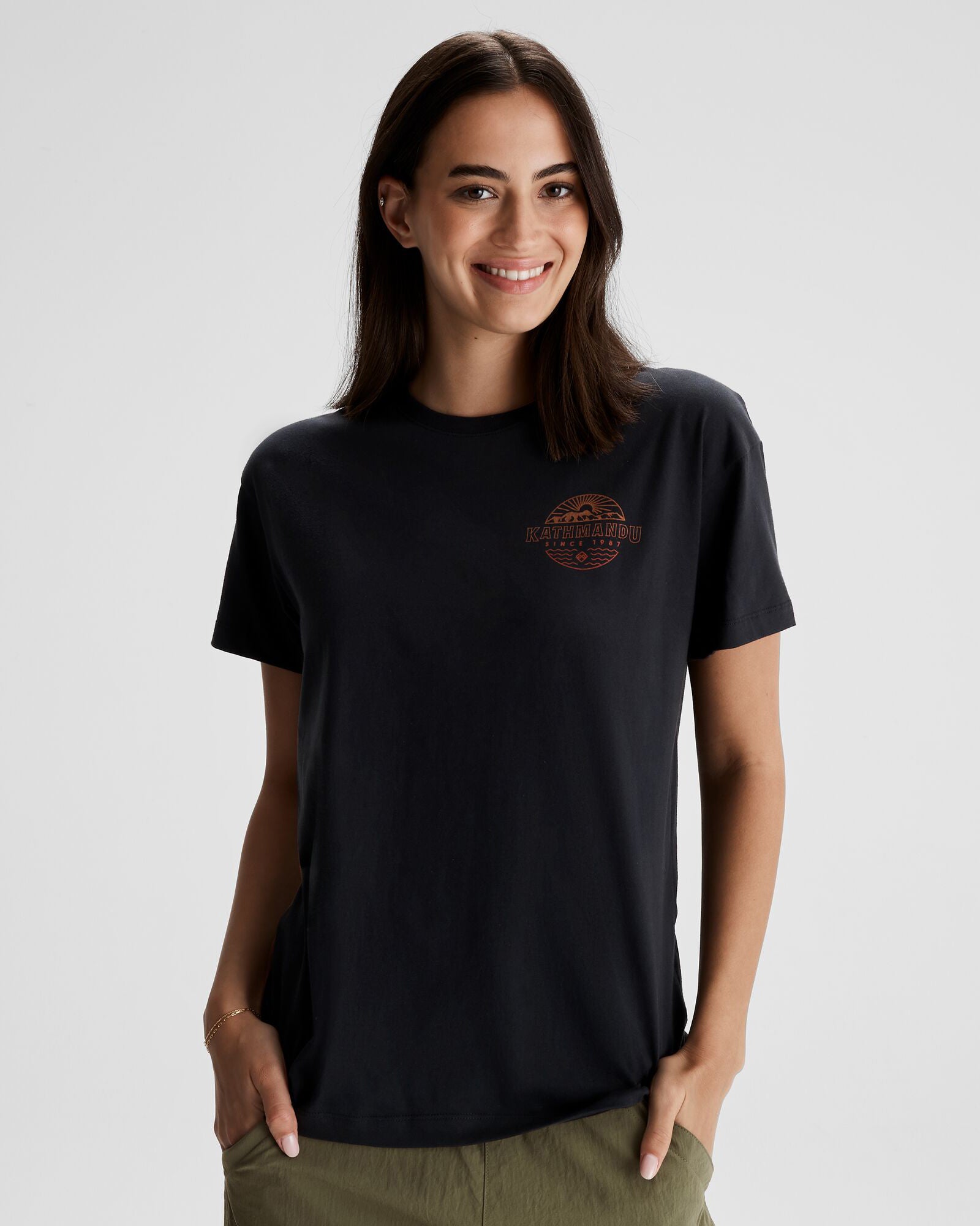 Women's Kathmandu Logo Faded Organic Cotton T-Shirt - Black | Eco-Friendly Casual Tee for Everyday Wear & Outdoor Adventures