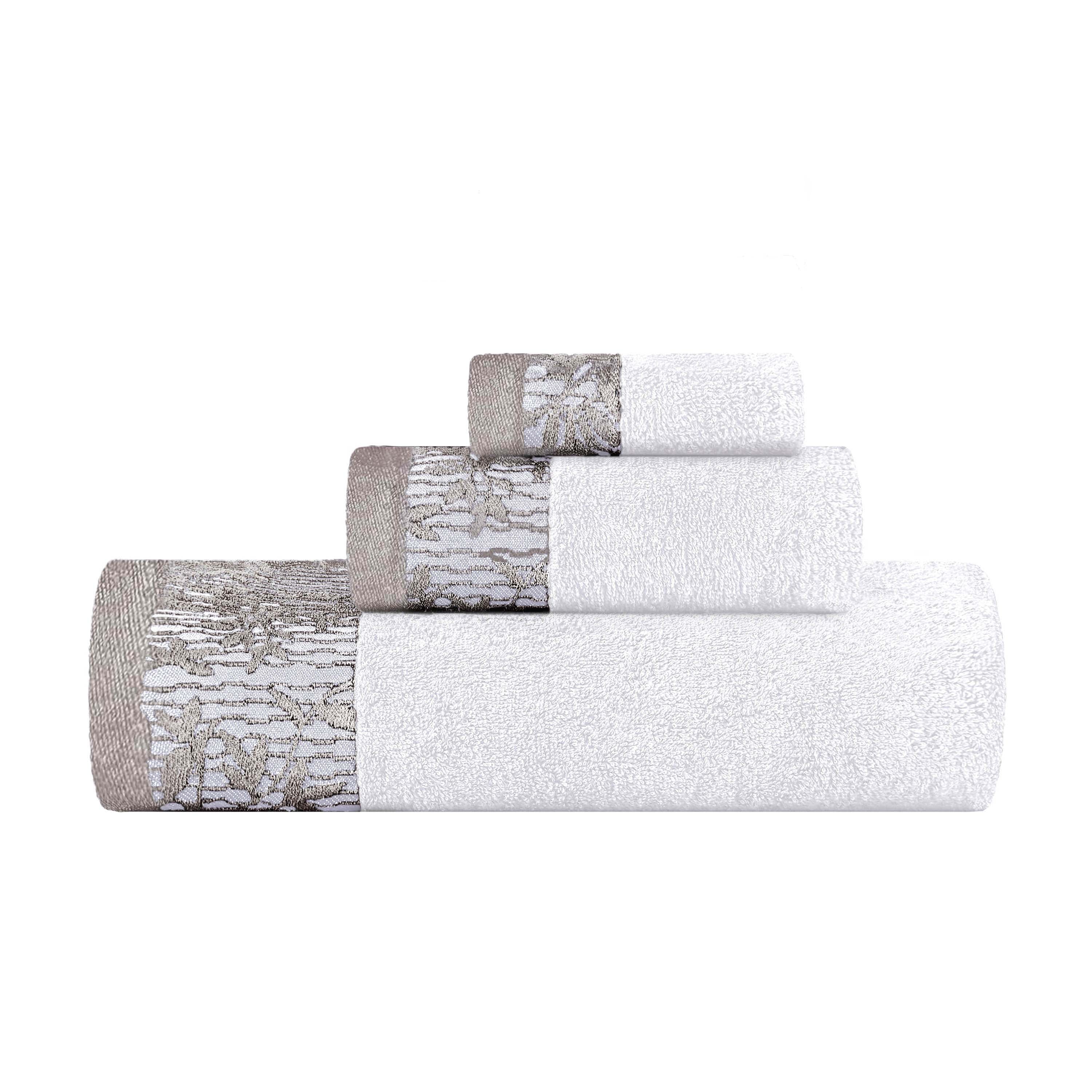 Wisteria Cotton Floral Embroidered Jacquard Border 3-Piece Bath Towel Set - Soft & Absorbent for Spa, Bathroom & Guest Room Decor