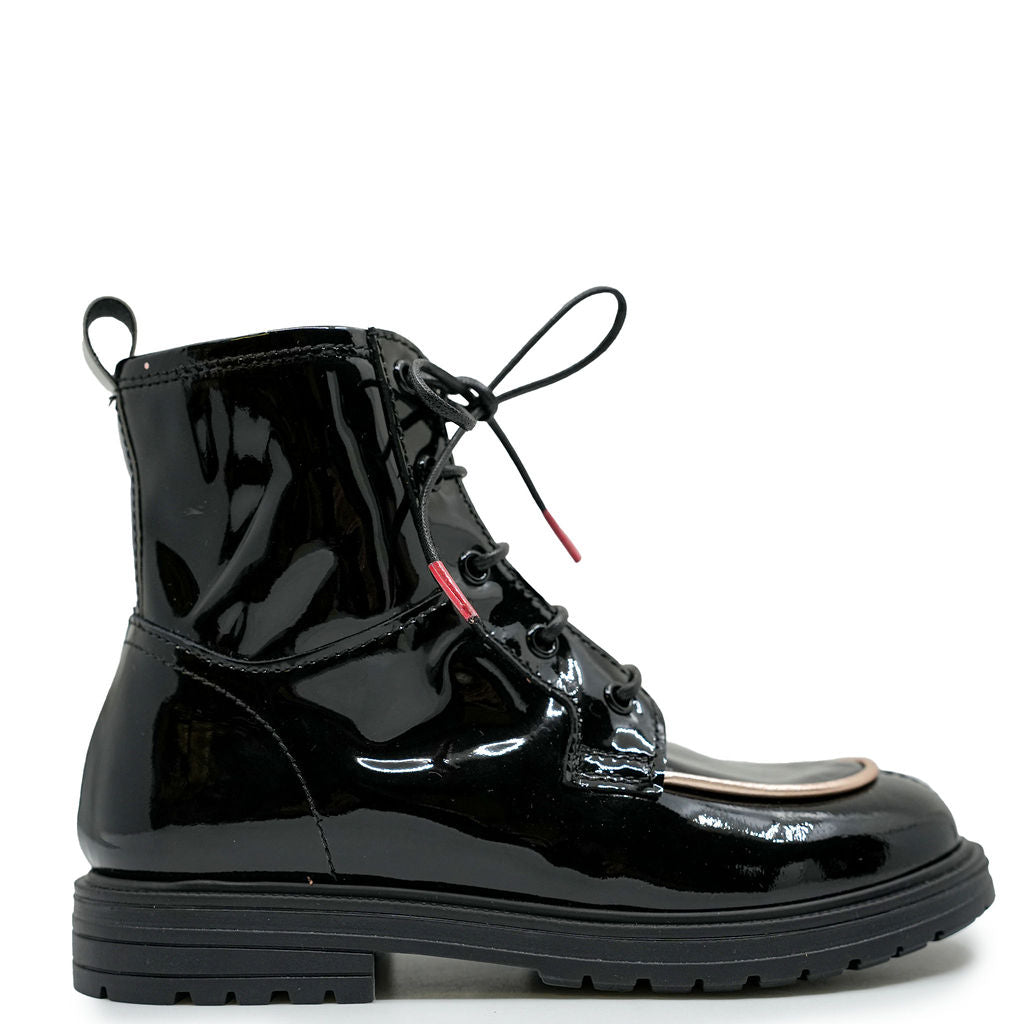 Stylish Rondinella Black Patent Leather & Rose Gold Ankle Booties for Women - Perfect for Fall Fashion, Date Nights & Office Wear