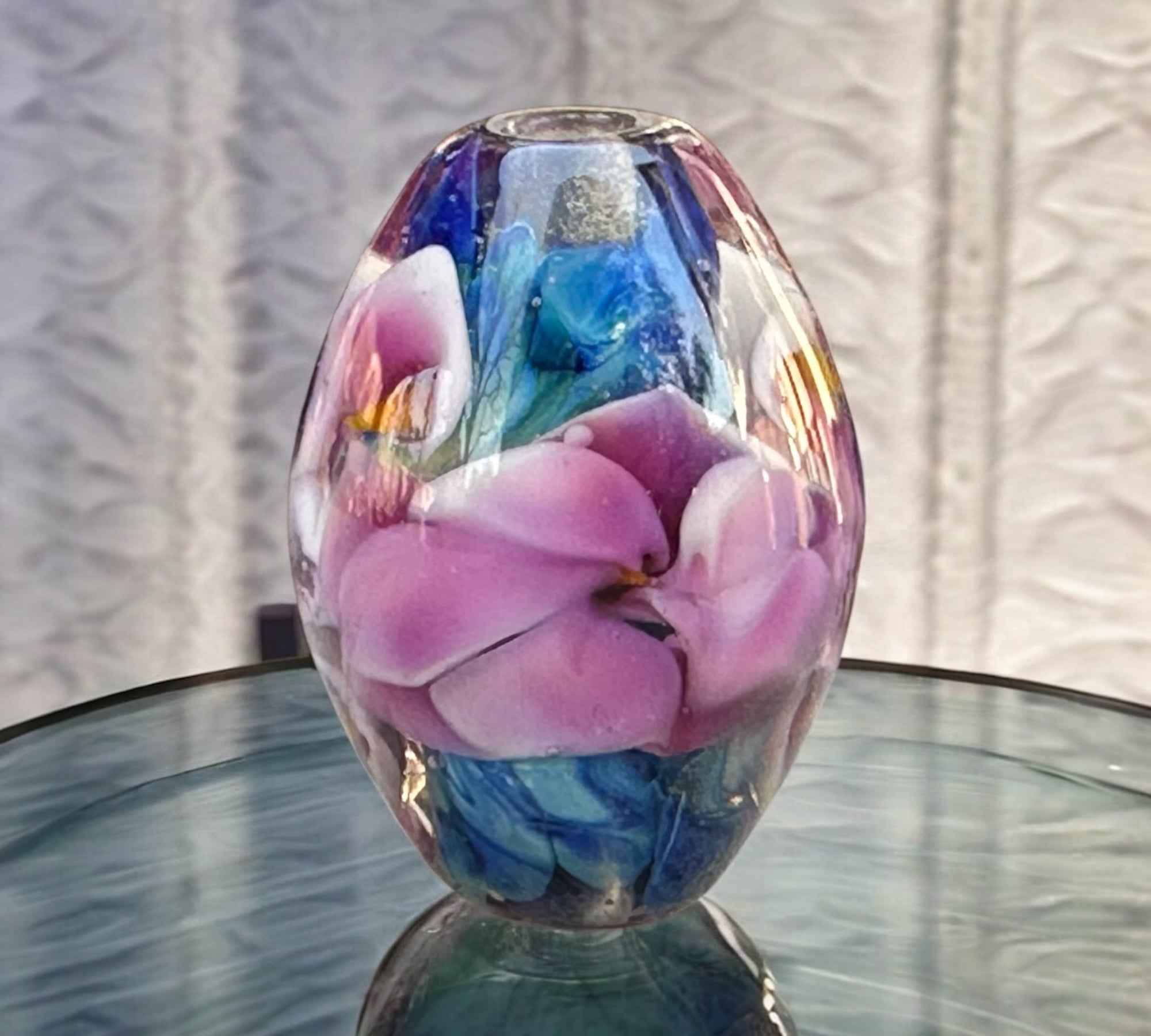 Handmade Purple Floral Blue Lampwork Glass Focal Bead for Jewelry Making - Perfect for Necklaces, Bracelets, and DIY Craft Projects