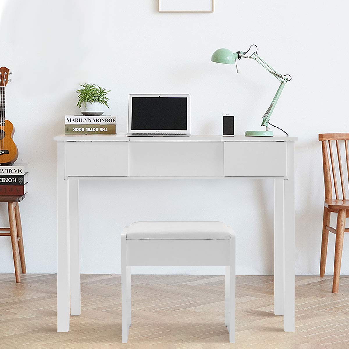 GOFLAME Vanity Table Set with Flip Top Square Mirror - Modern Makeup Dressing Table with 2 Removable Sliding Drawers & Cushioned Stool, White | Perfect for Bedroom, Bathroom & Beauty Salon Organization