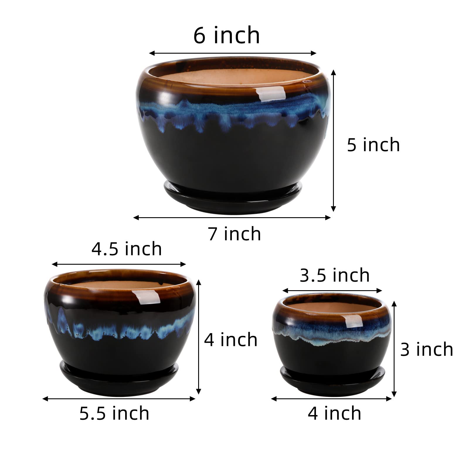 AVLA 3 Pack Ceramic Flower Pots with Drainage Hole & Saucer - Rustic Glazed Planters for Succulents, Herbs, Cactus, Orchid - Indoor Gardening, Home Office & Desktop Decor - Perfect for Windowsill, Kitchen Counter, and Living Room Display